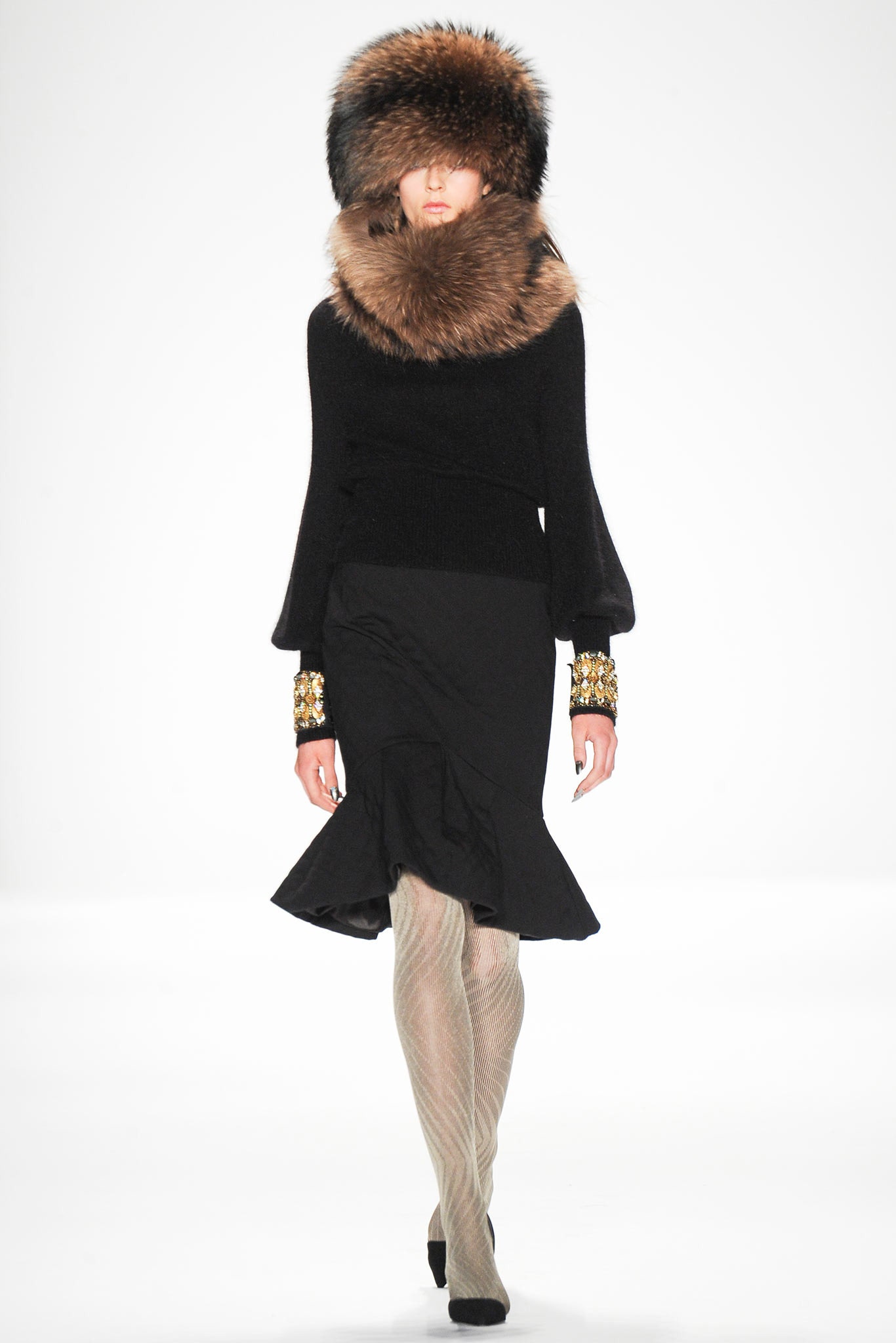 black wool long-sleeve high-neck fitted ruffled top