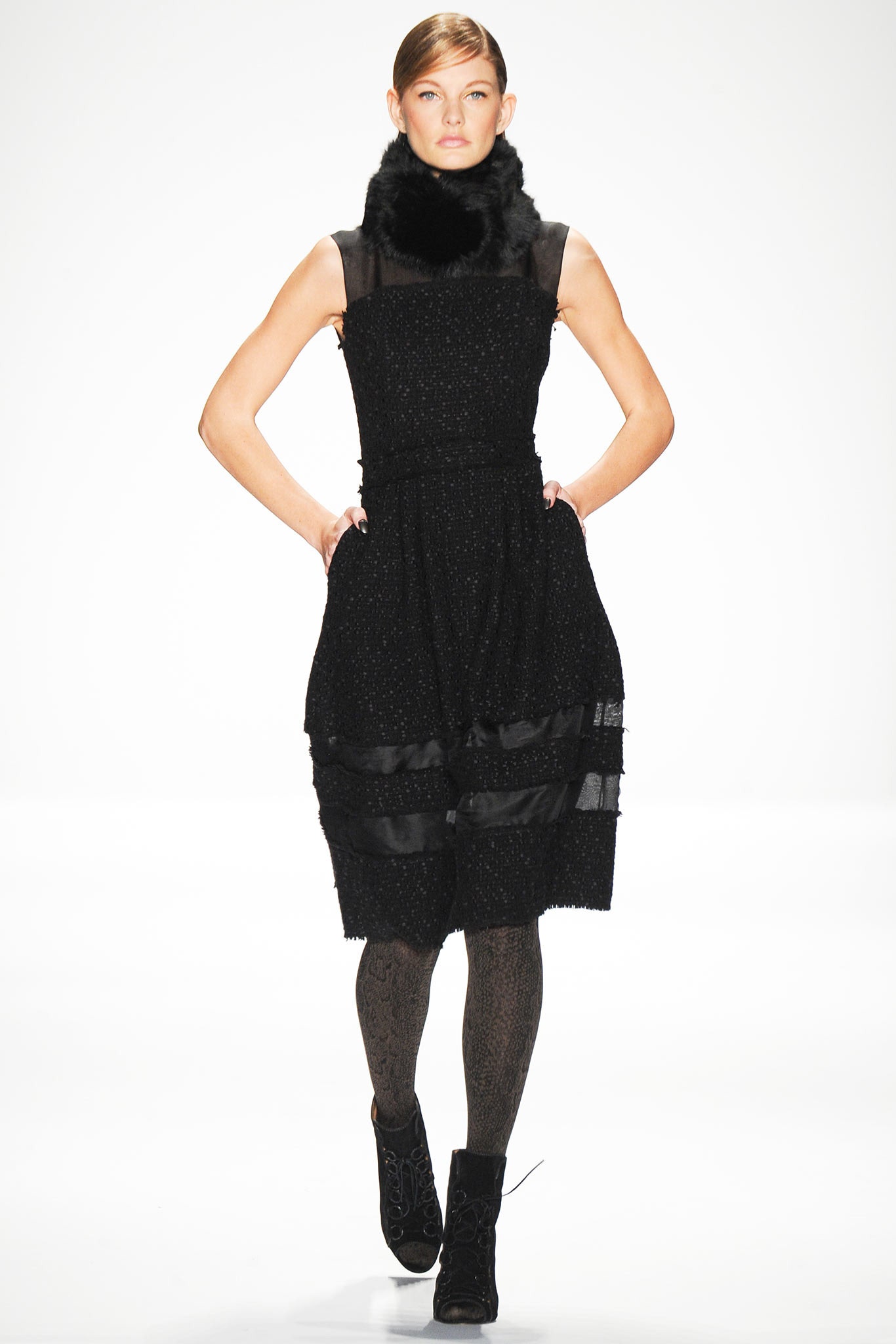 black silk sleeveless v-neck fitted pleated layered dress