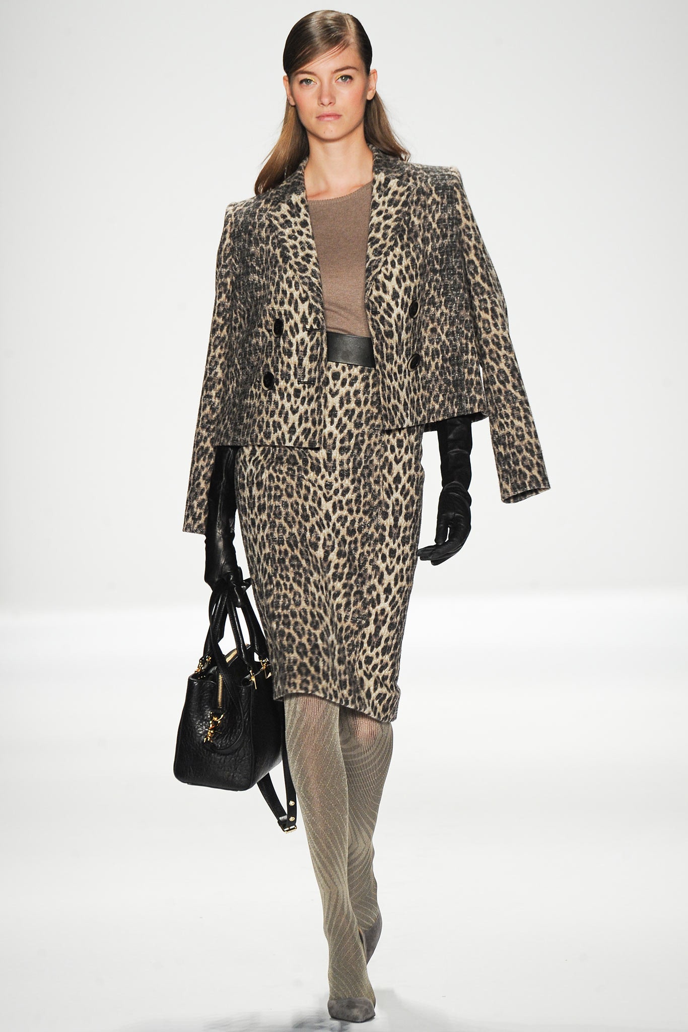 animal-print blazer and pencil skirt