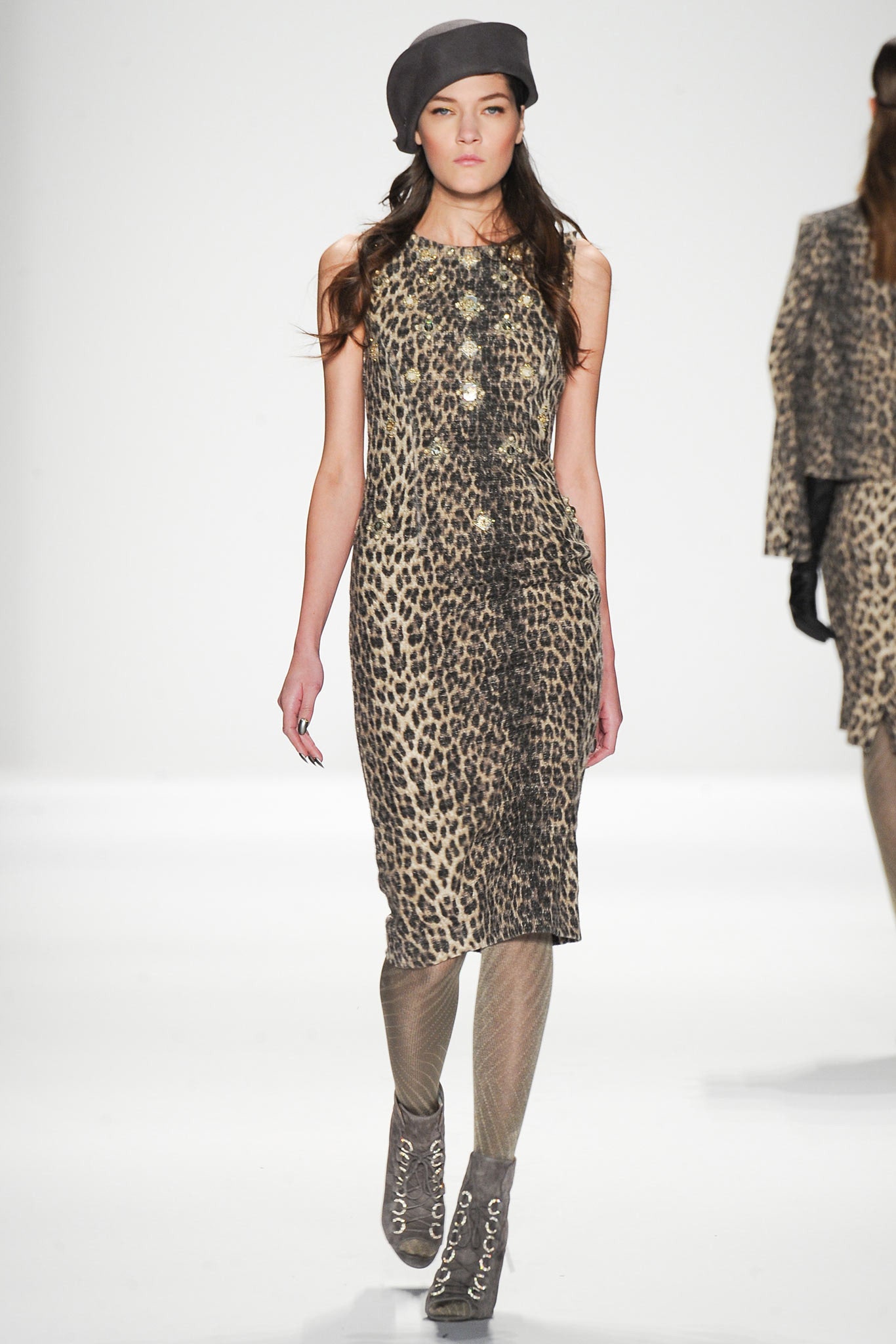 fitted animal-print midi dress with hat