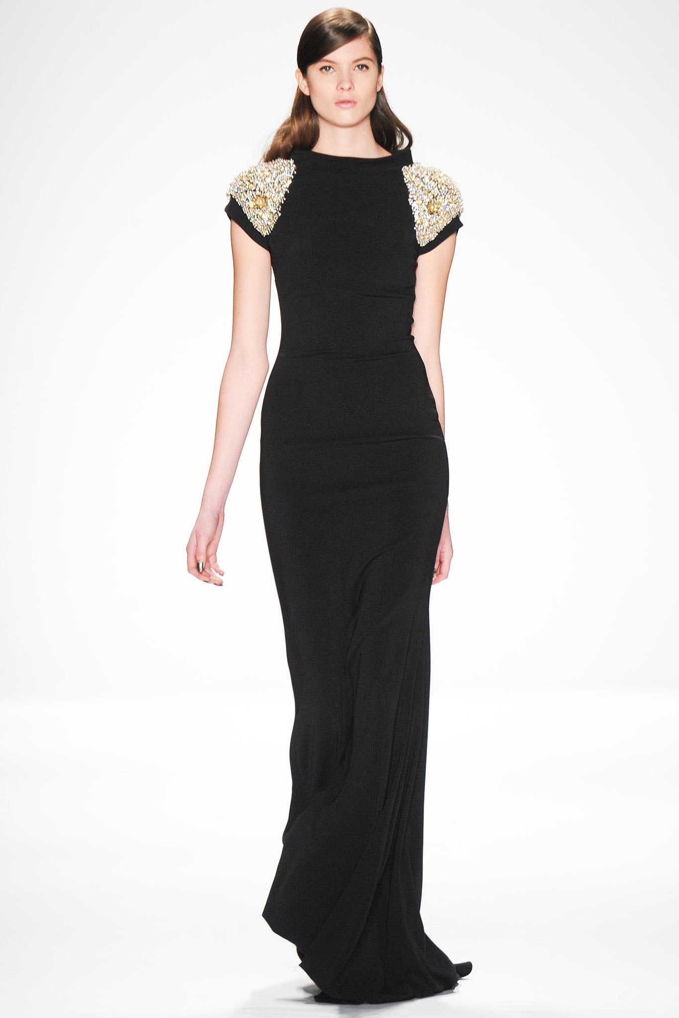 black fitted gown with beaded shoulders