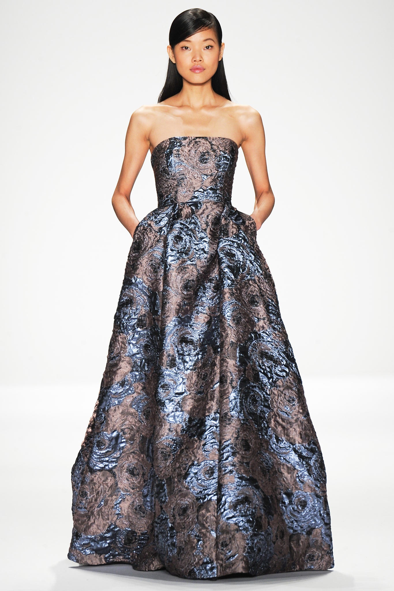 blue and brown strapless gown