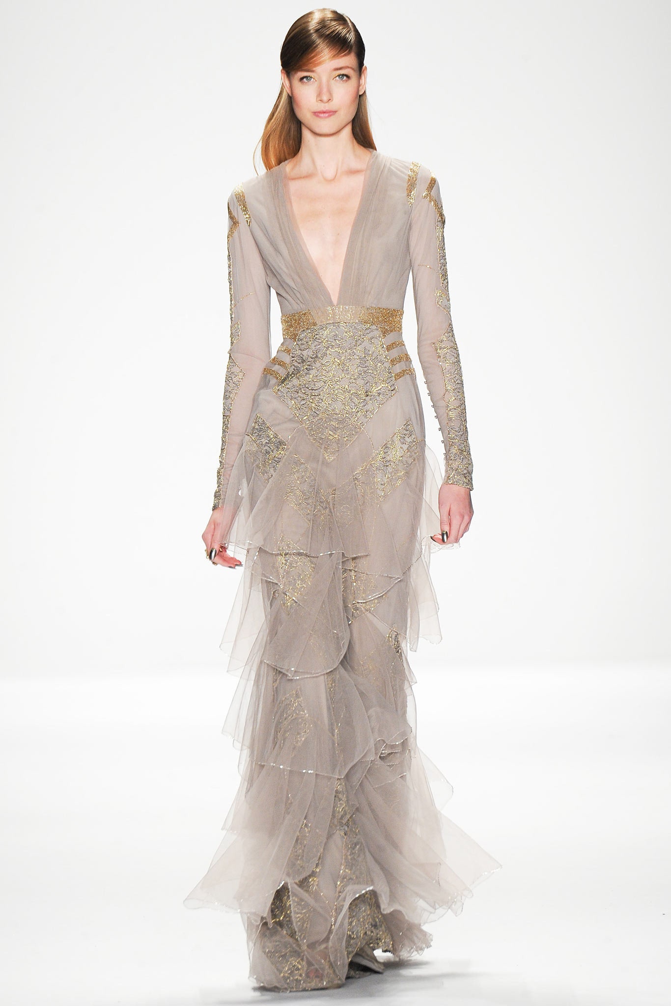 beige tulle long-sleeve gown