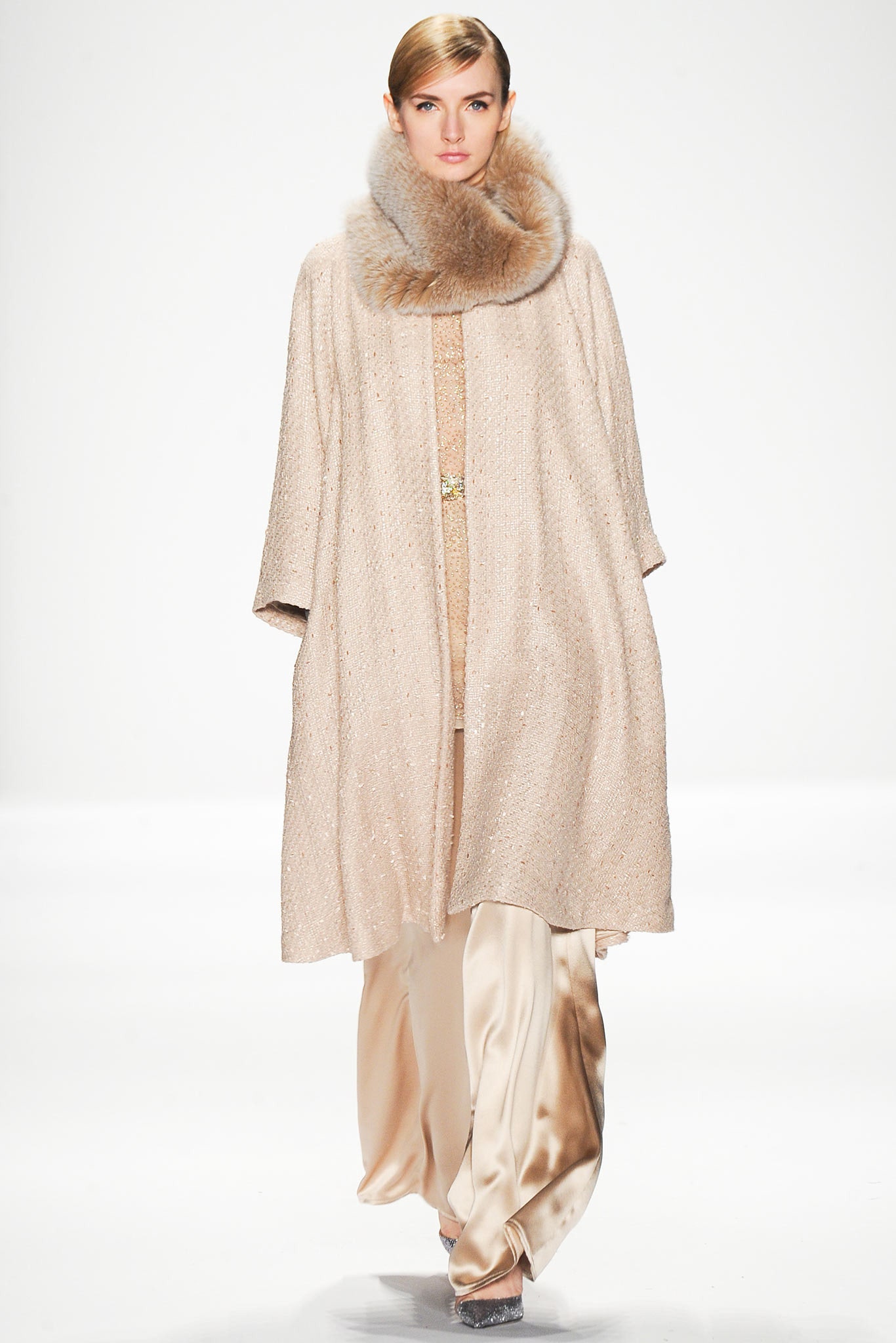 beige silk long-sleeve collared relaxed embroidered coat