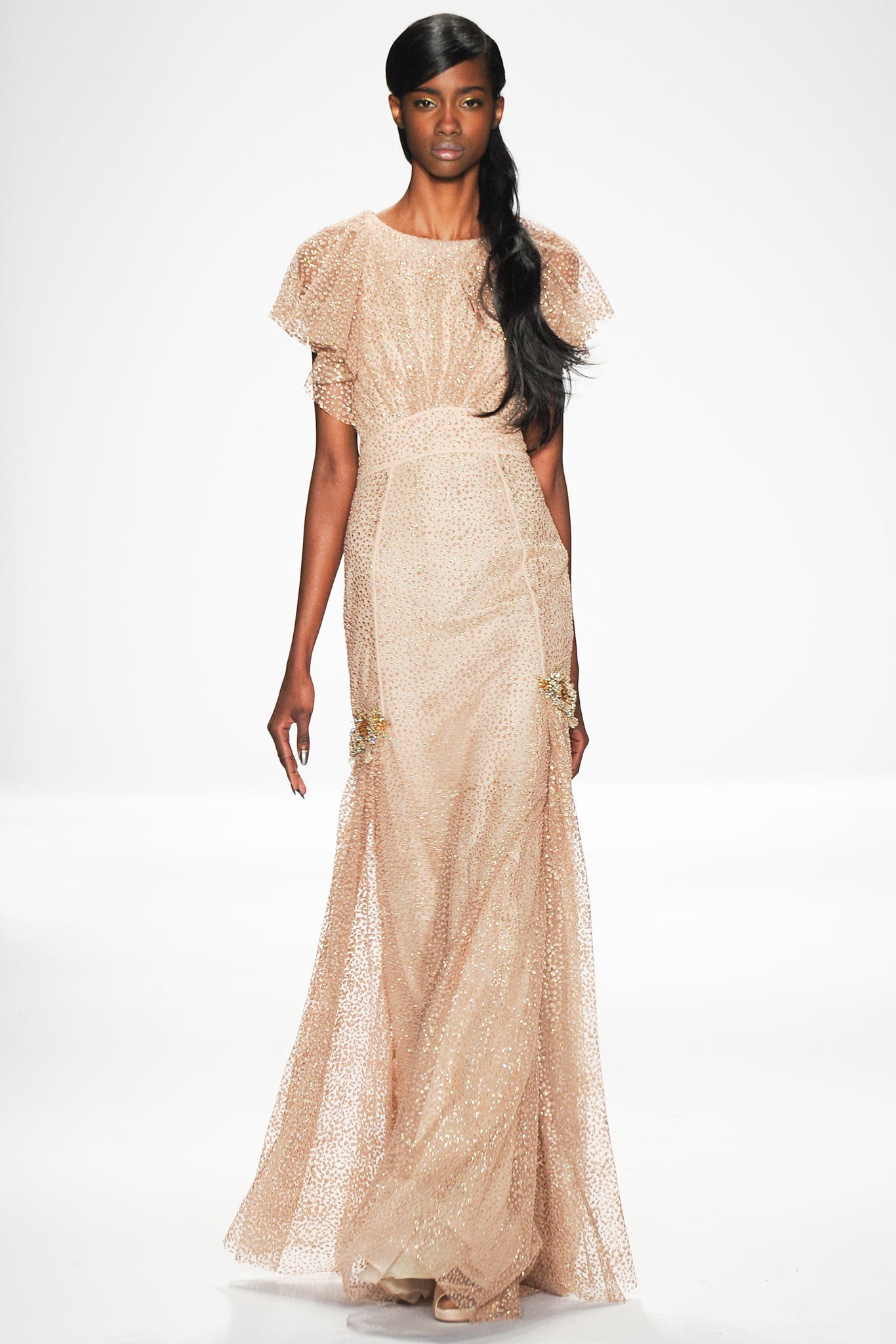 beige lace embellished gown