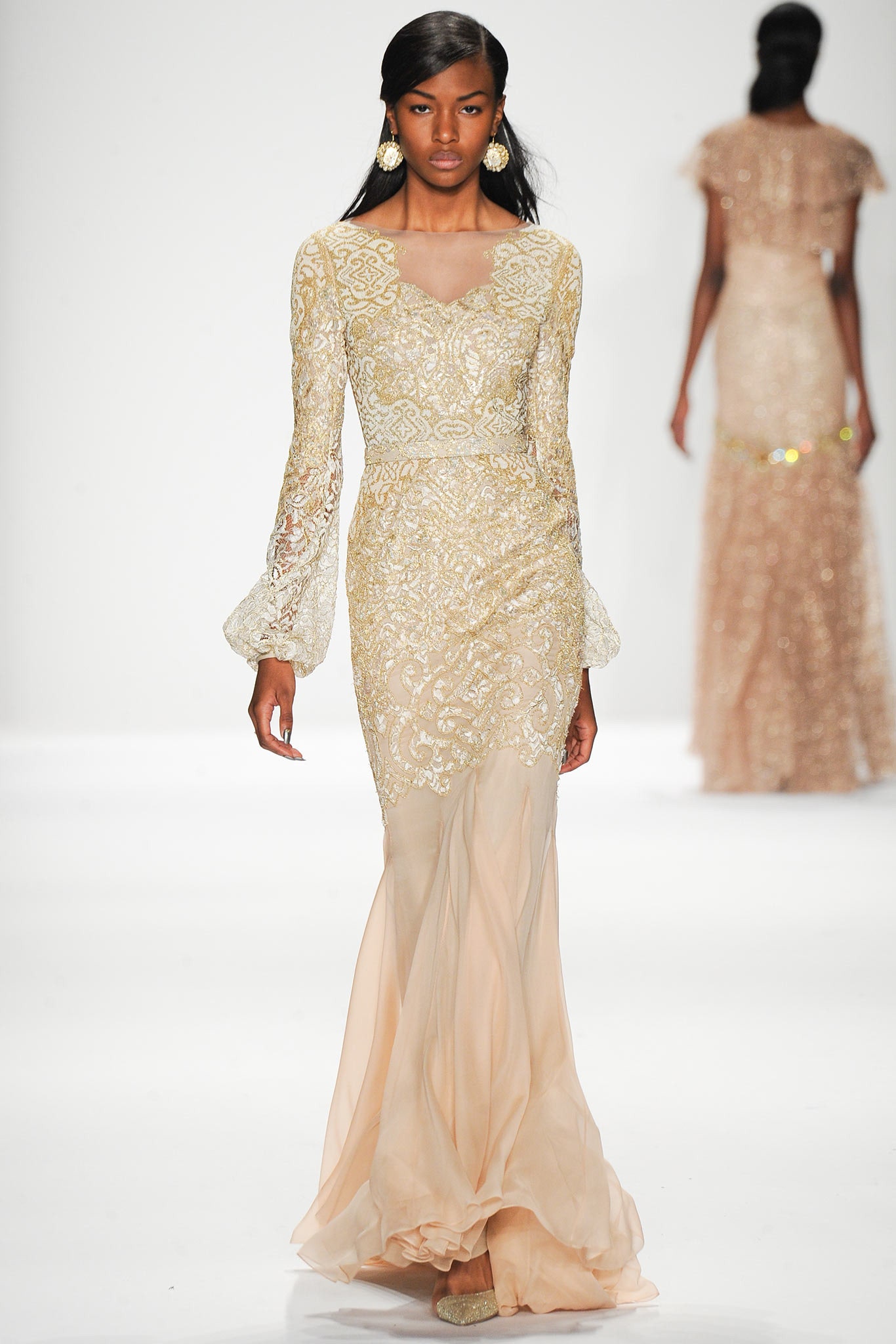 gold beige embroidered long-sleeve gown