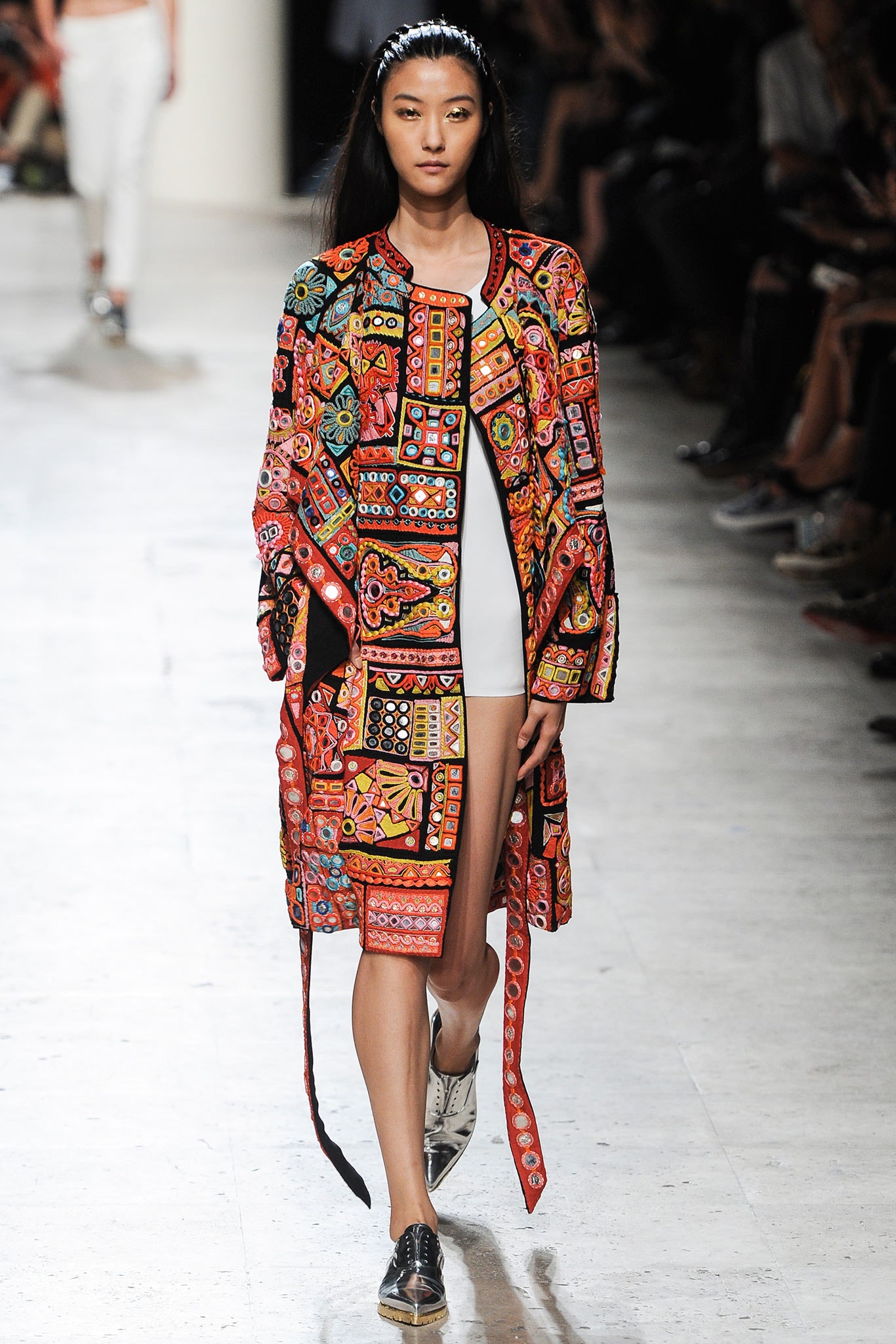 multi cotton long-sleeve relaxed embroidered layered coat