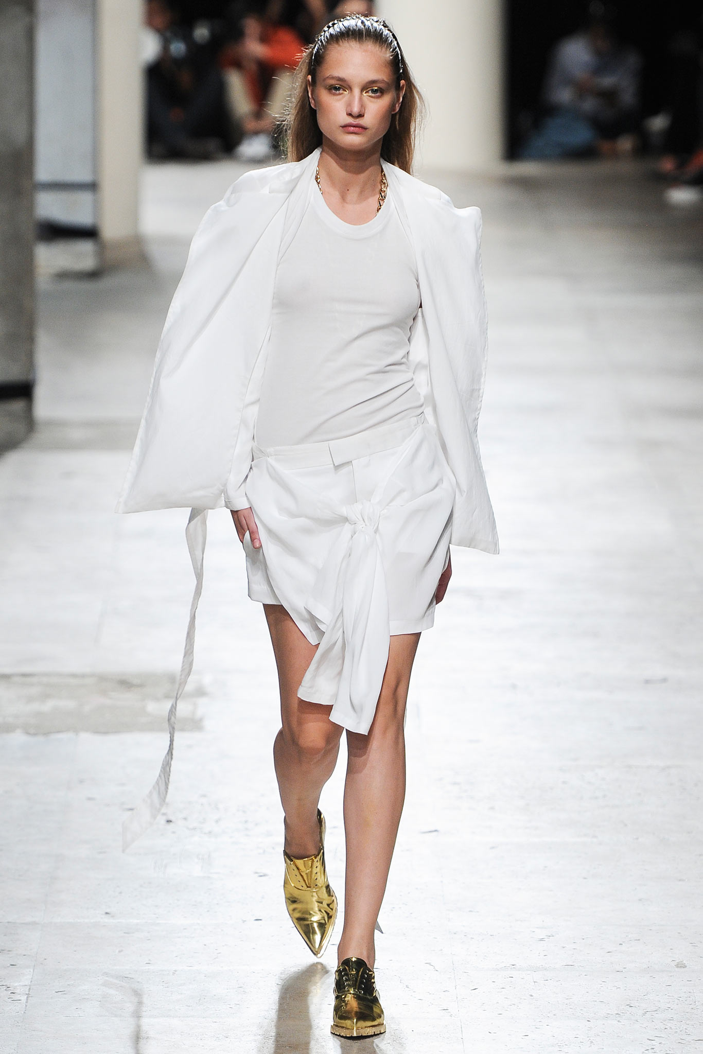 white fitted blouse and mini skirt