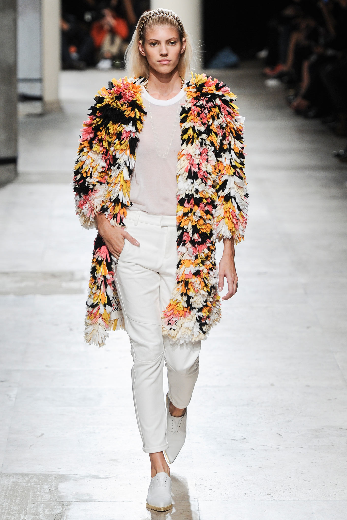 multi-colored fringed coat with white top