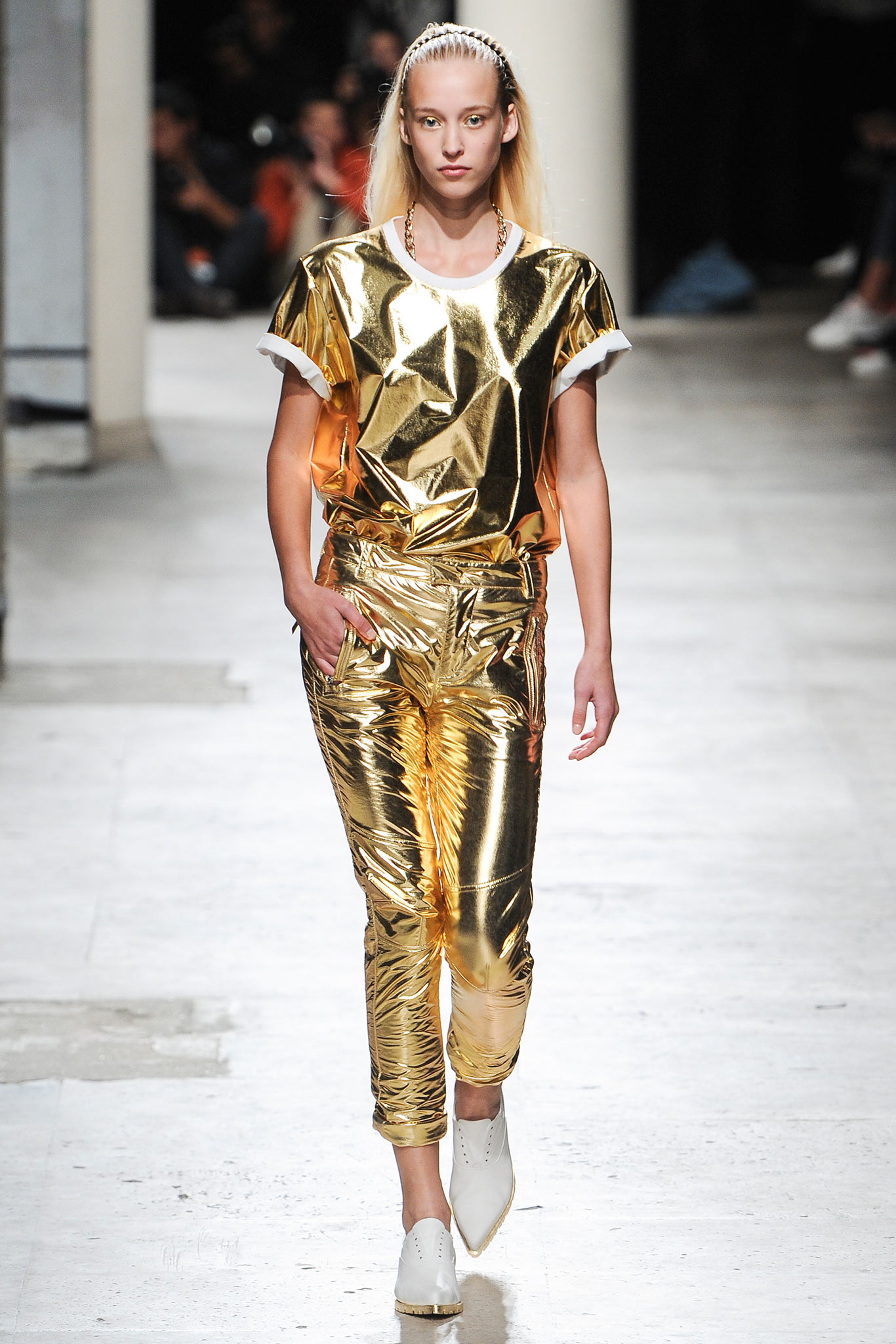 gold metallic fitted top and pants