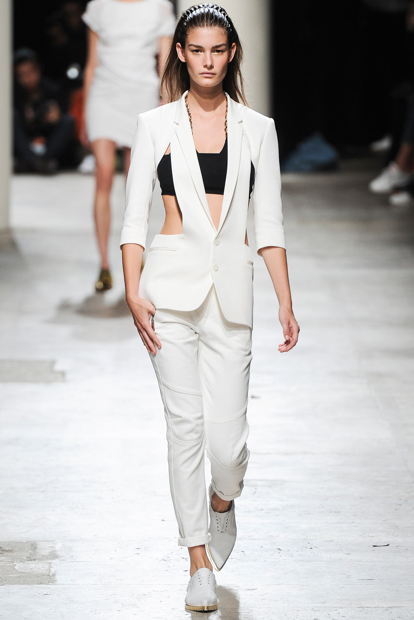 white fitted suit with black top