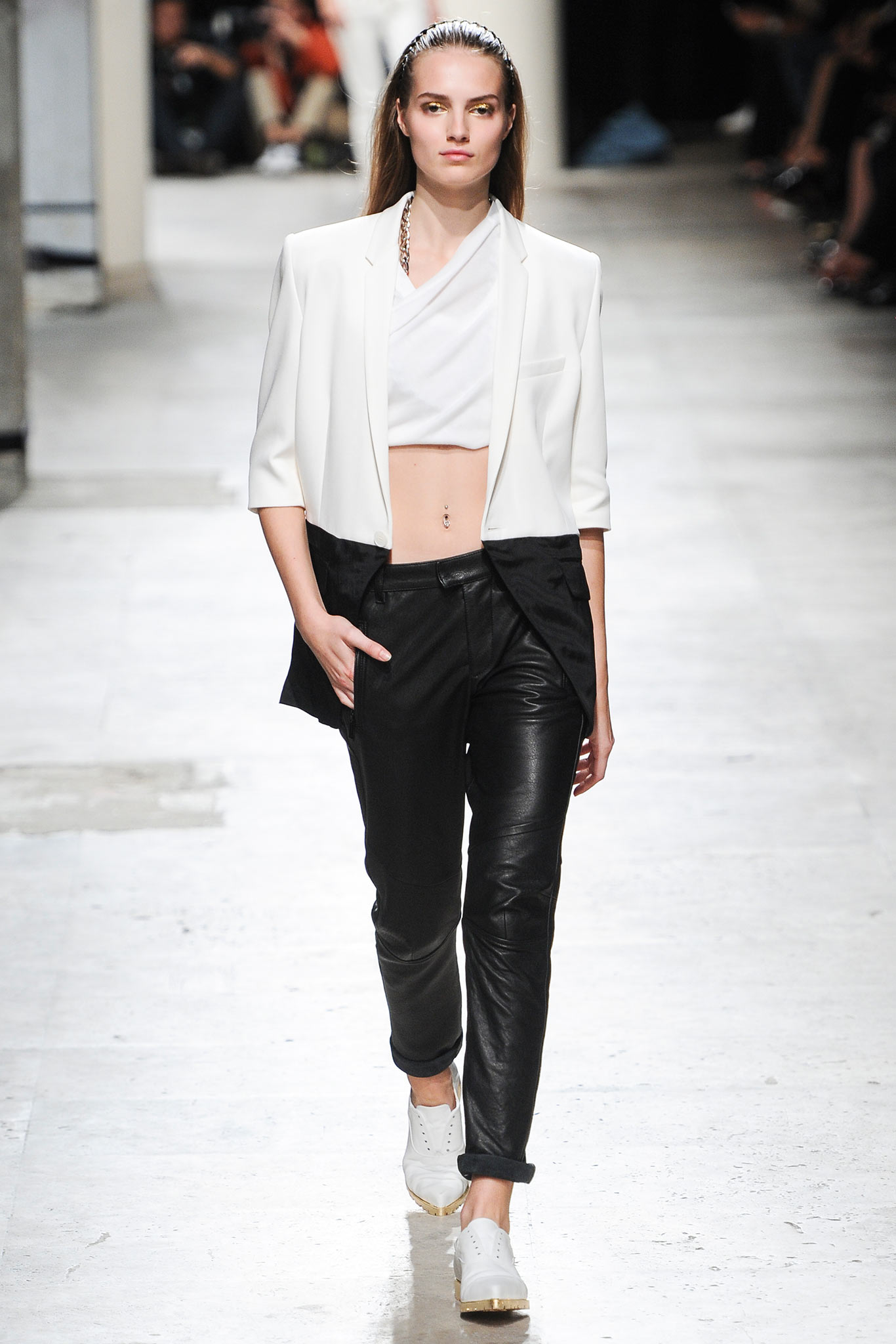 white tailored blazer with black pants