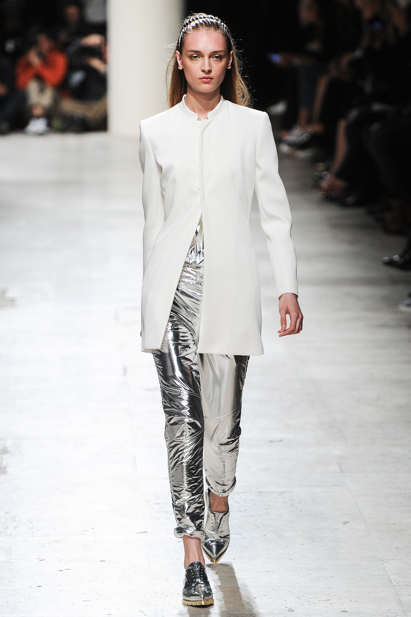 white fitted blazer with silver pants