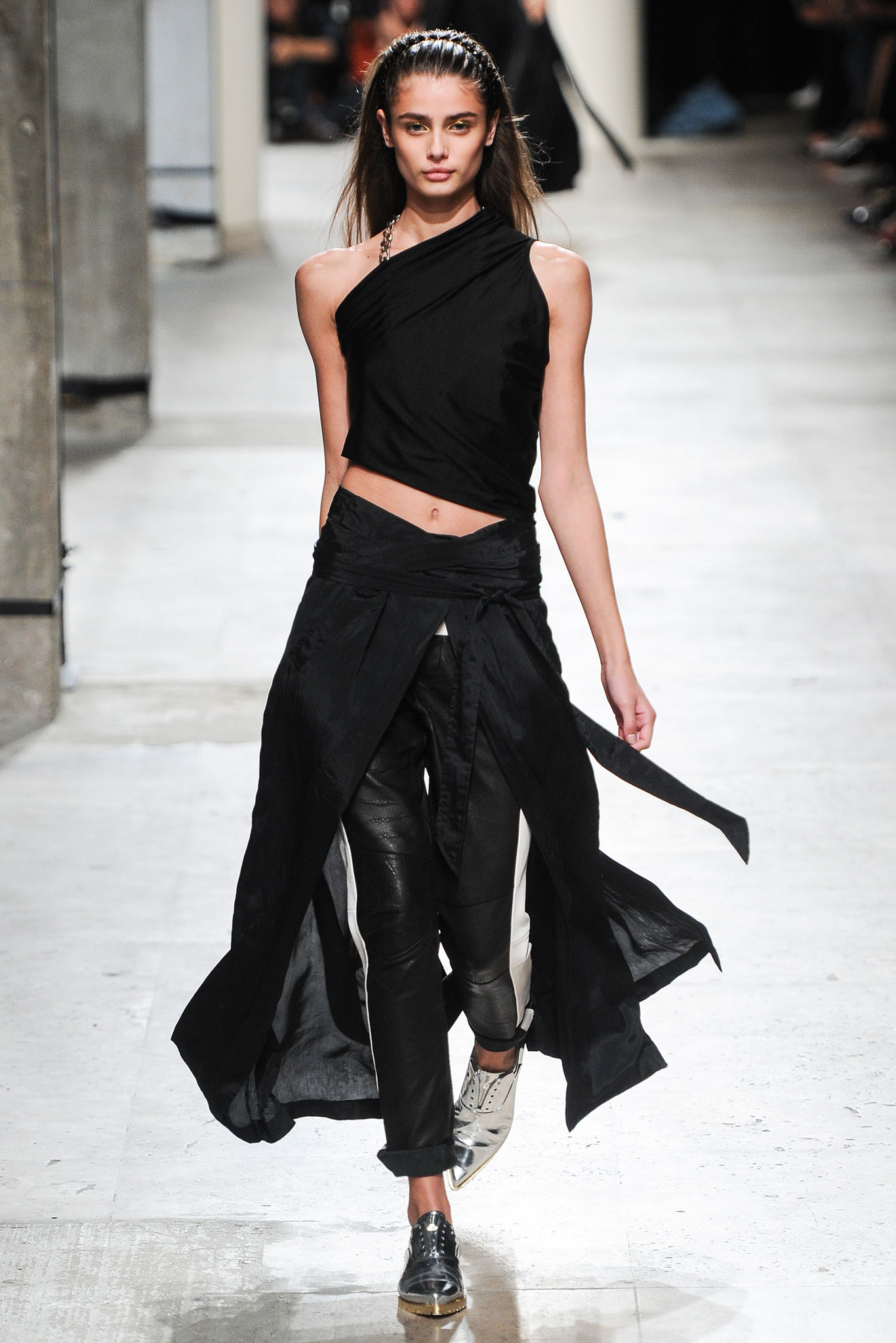 black asymmetric top and relaxed pants