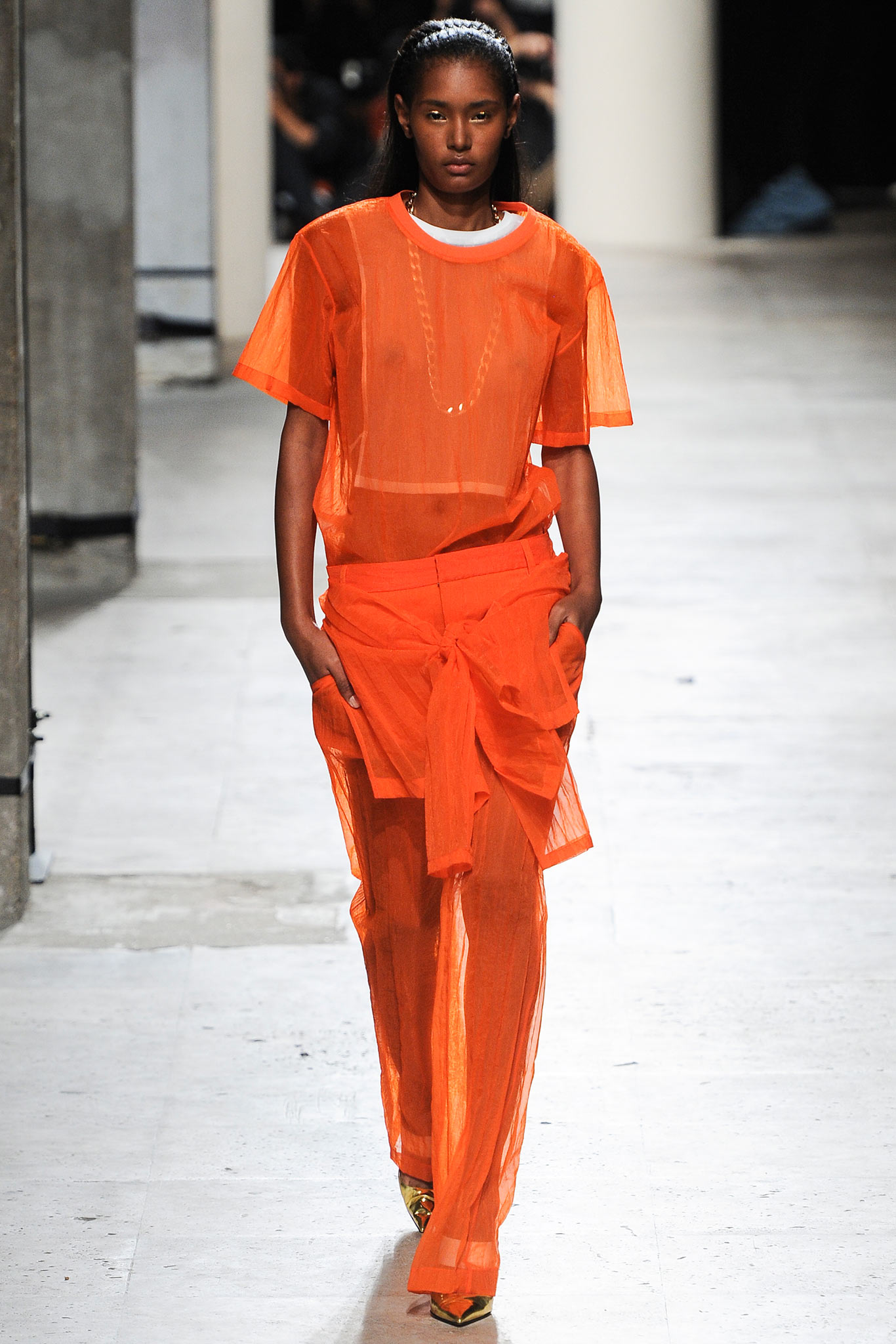 orange chiffon short-sleeve collared relaxed layered sheer top