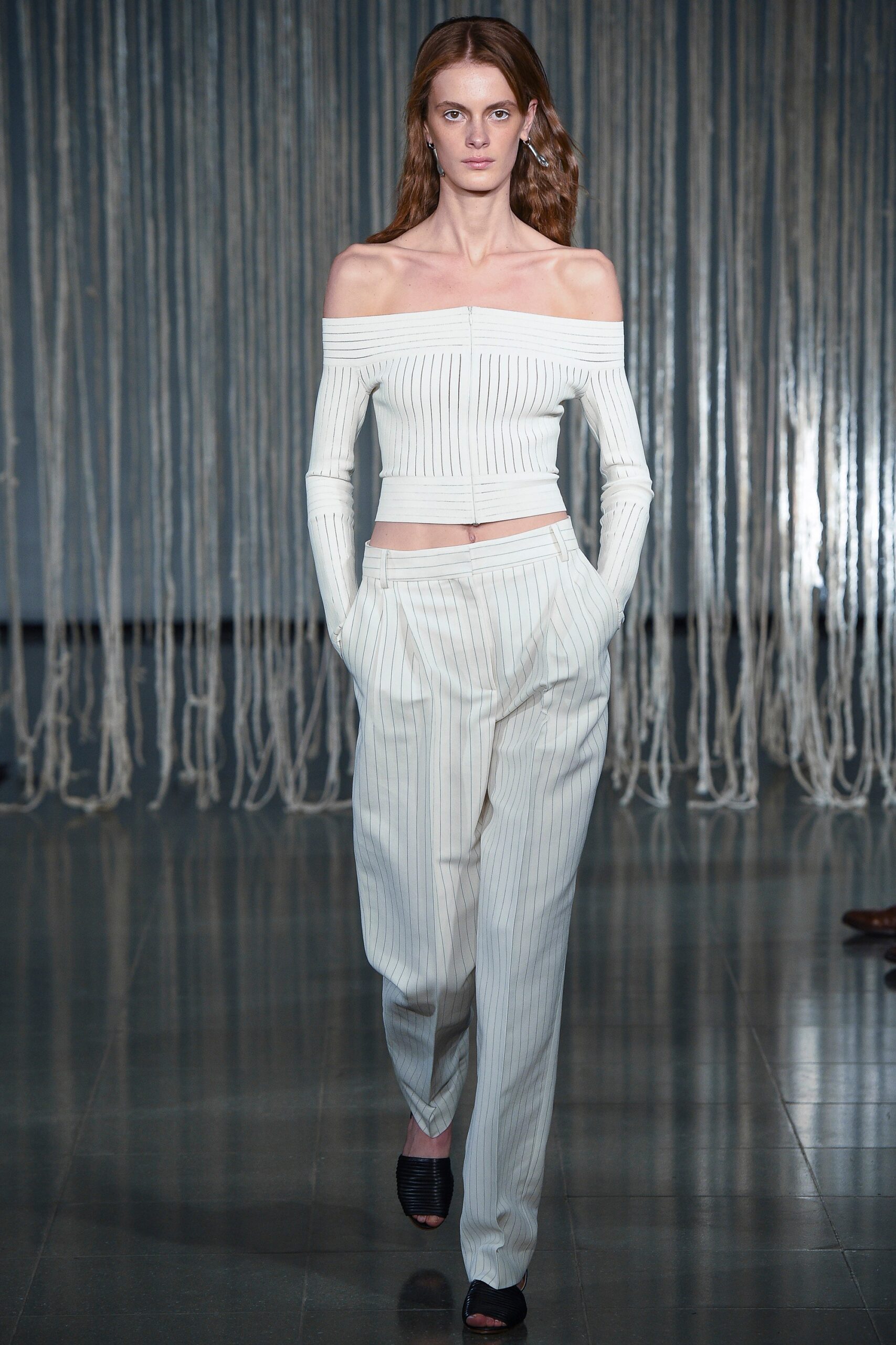 white striped off-shoulder top and relaxed pants