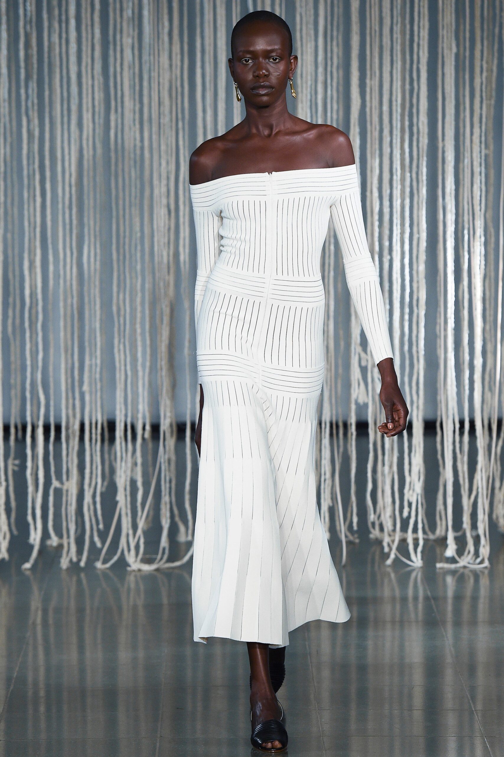 white fitted off-shoulder dress
