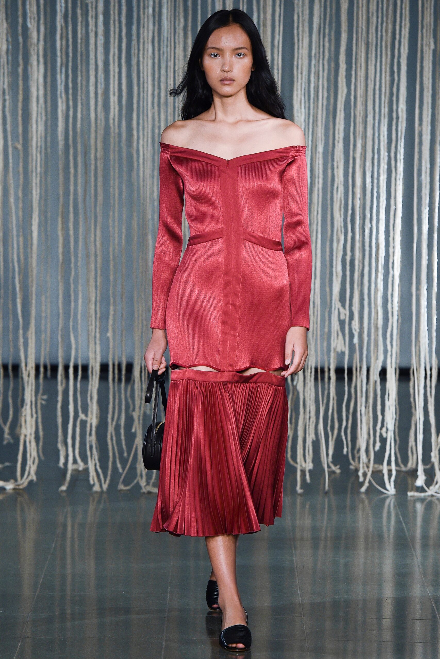 fitted red silk off-shoulder dress