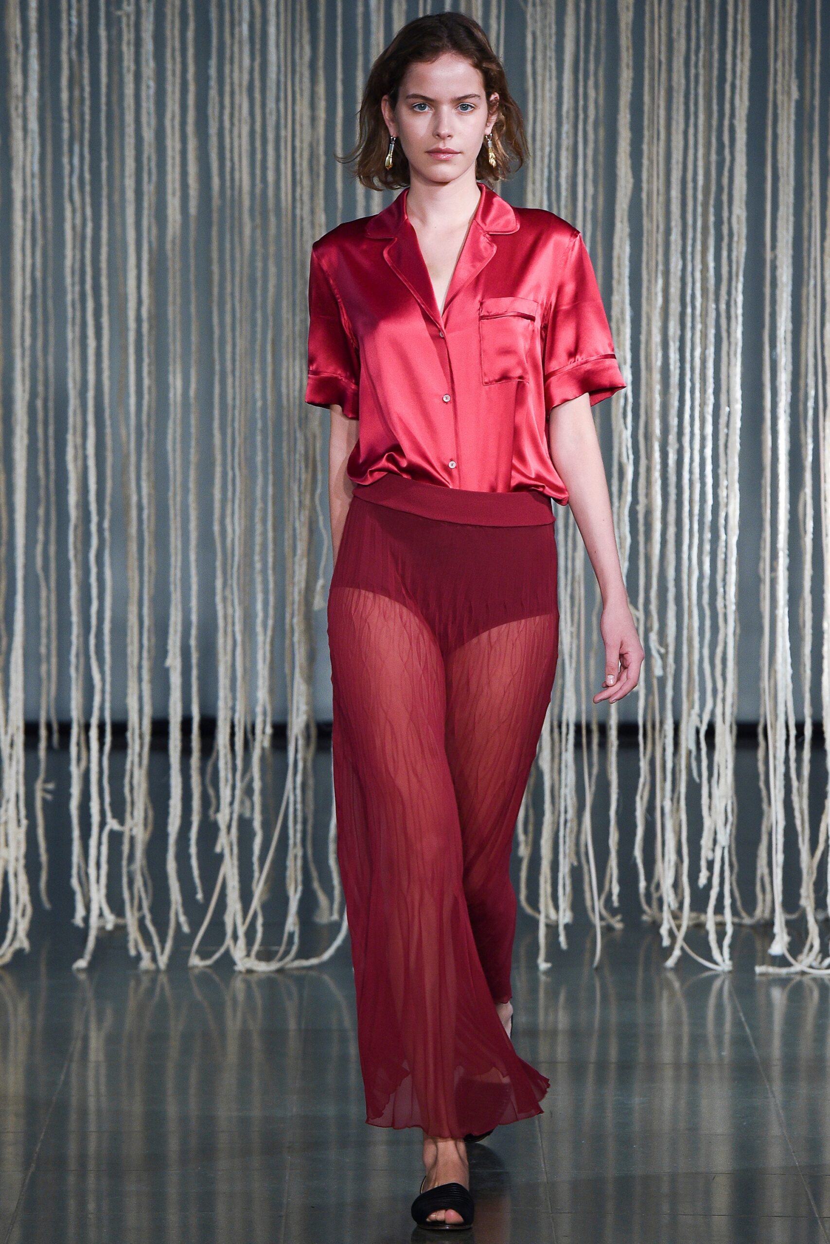red silk shirt with chiffon pants
