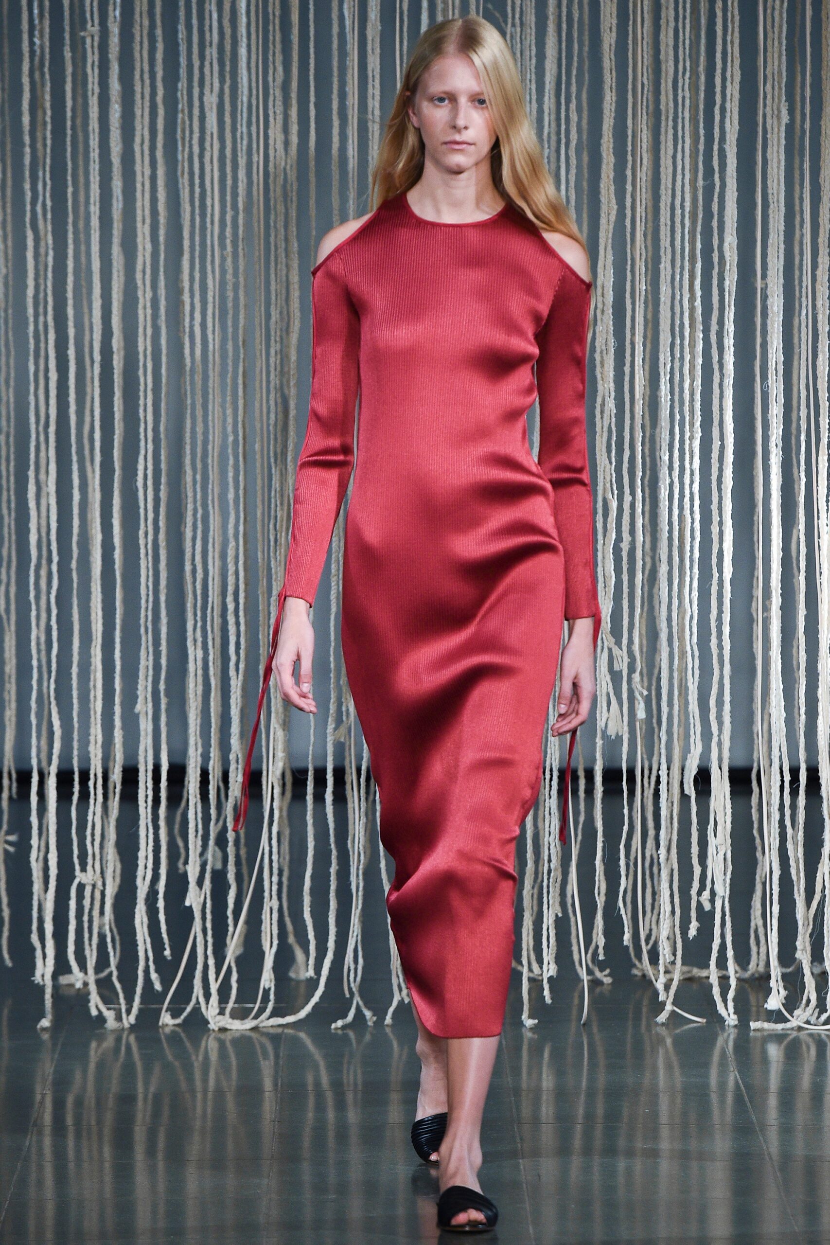 fitted red silk midi dress