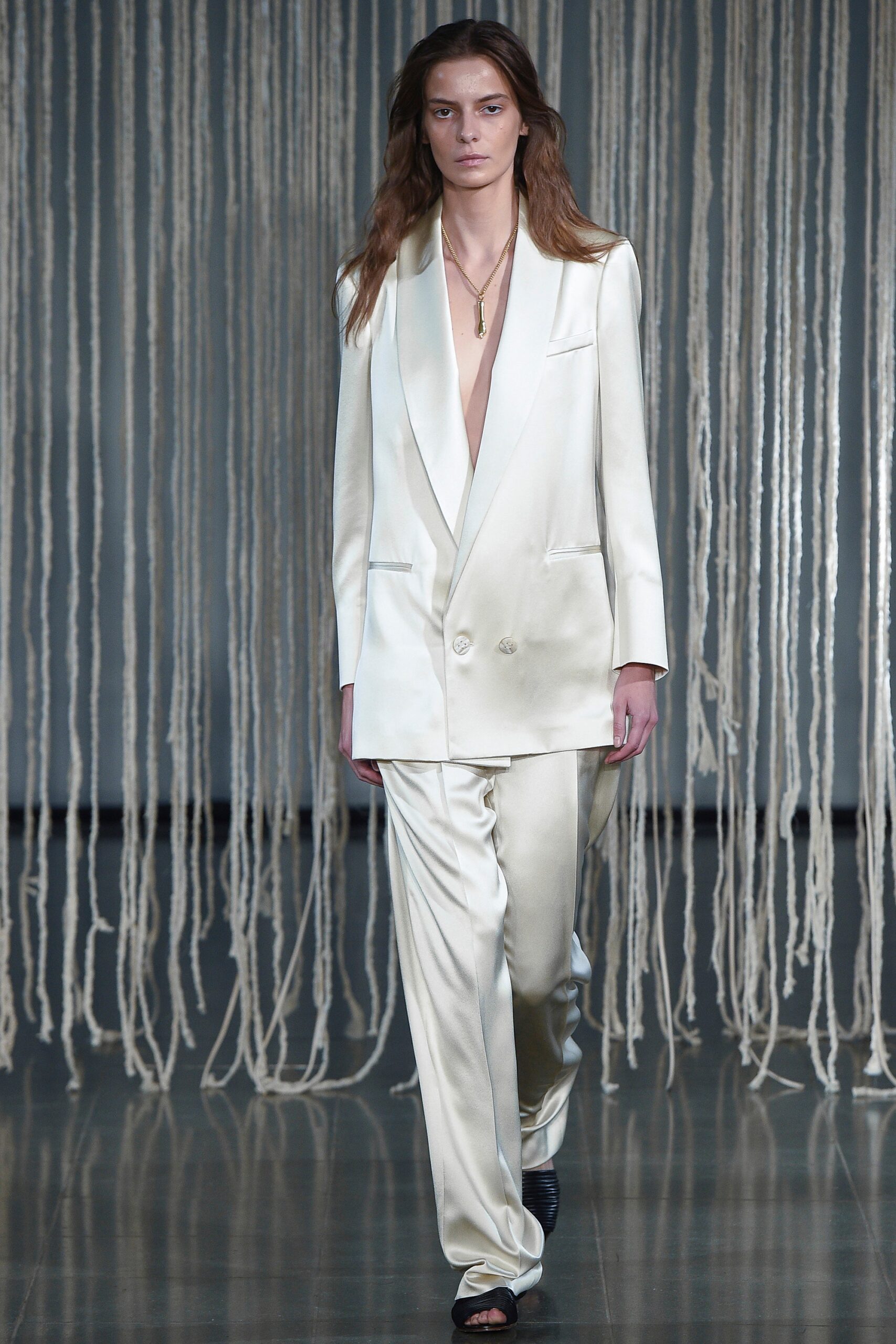 white silk tailored suit