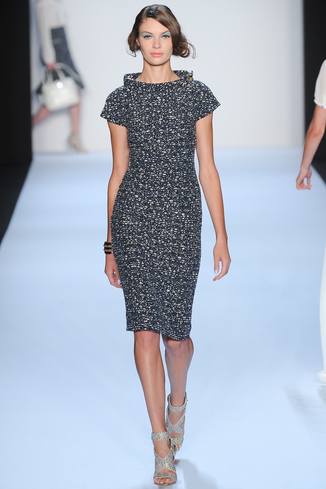 blue and white printed fitted dress