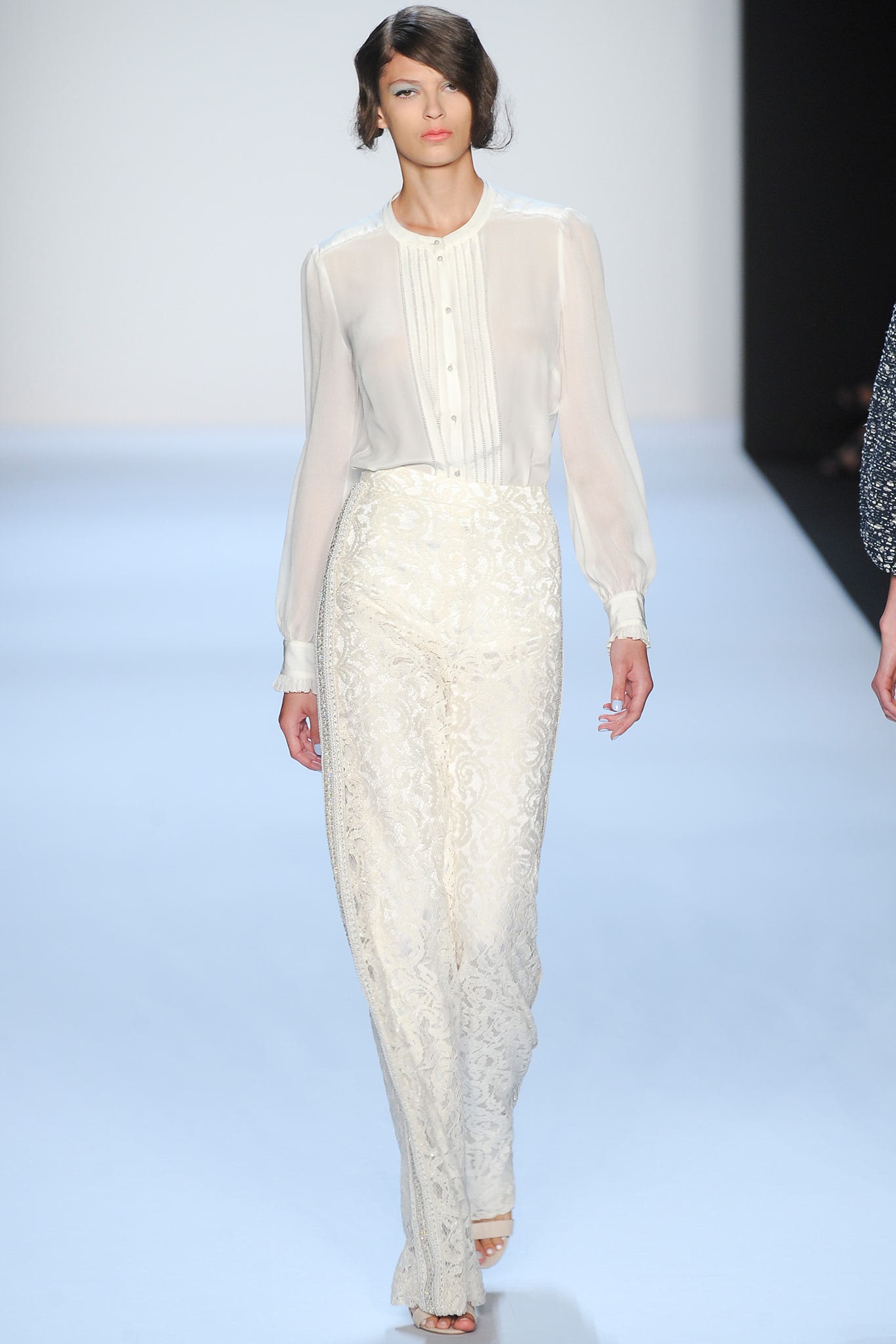 white silk long-sleeve collared fitted buttoned sheer blouse