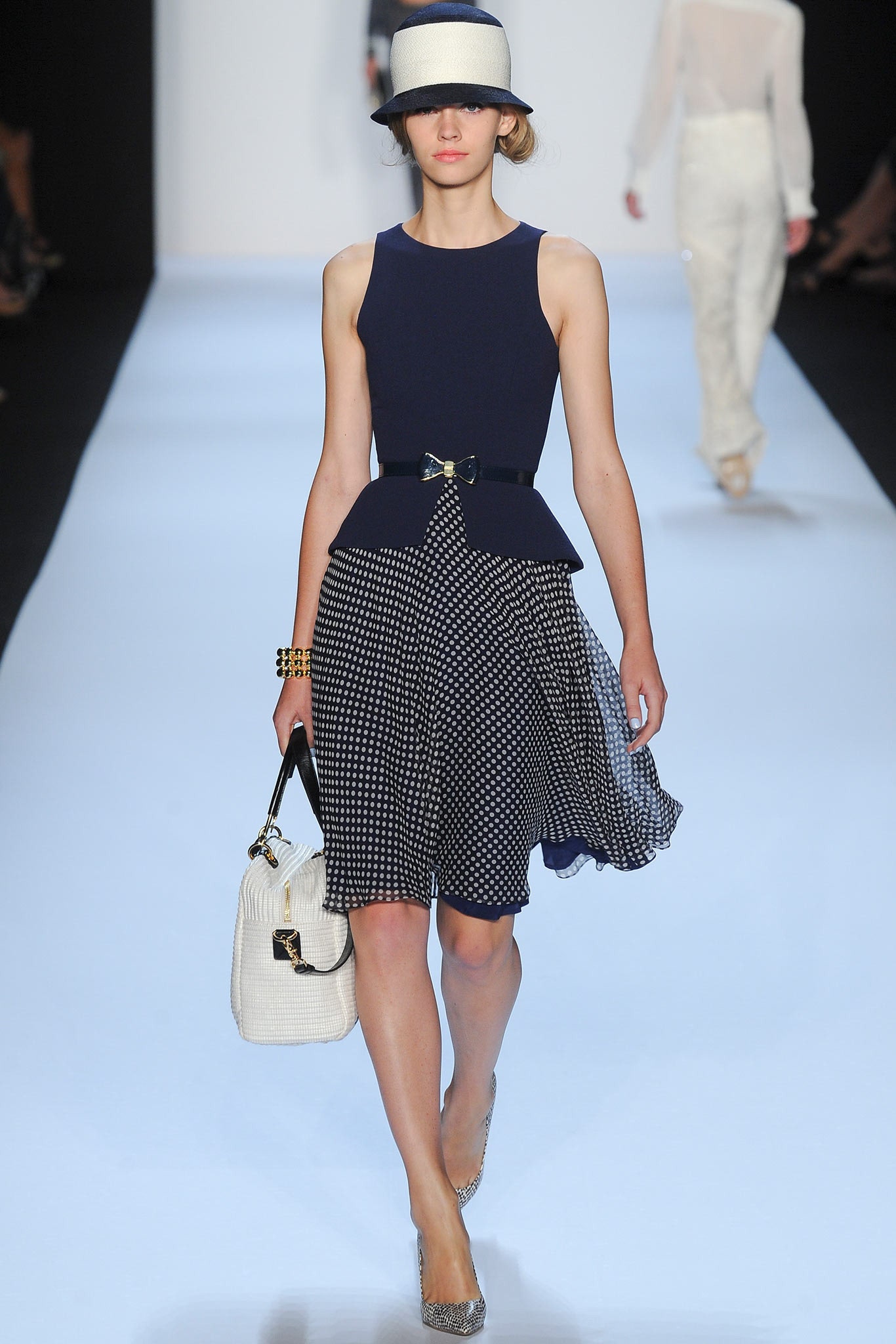 blue cotton sleeveless v-neck fitted pleated polka-dot dress