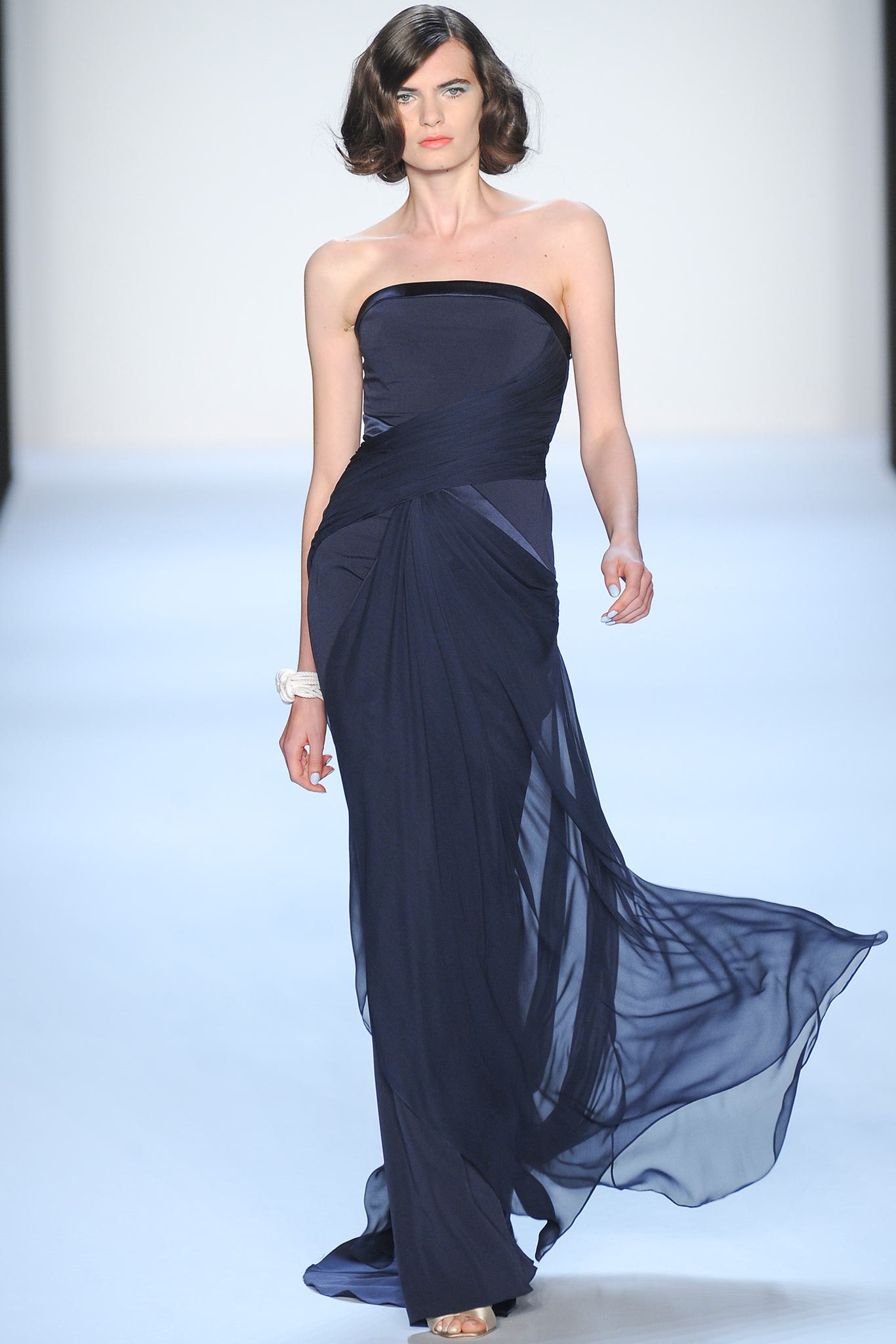 blue silk strapless gown