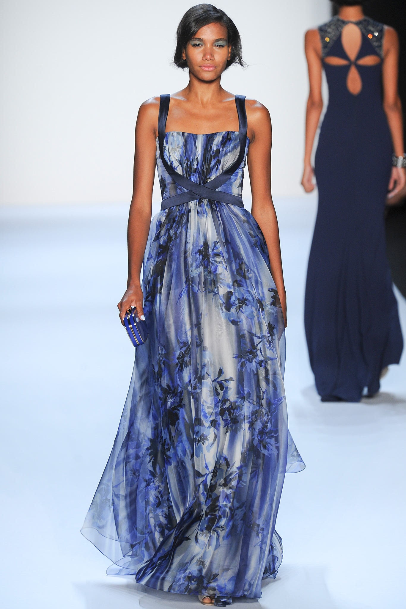 blue floral chiffon gown
