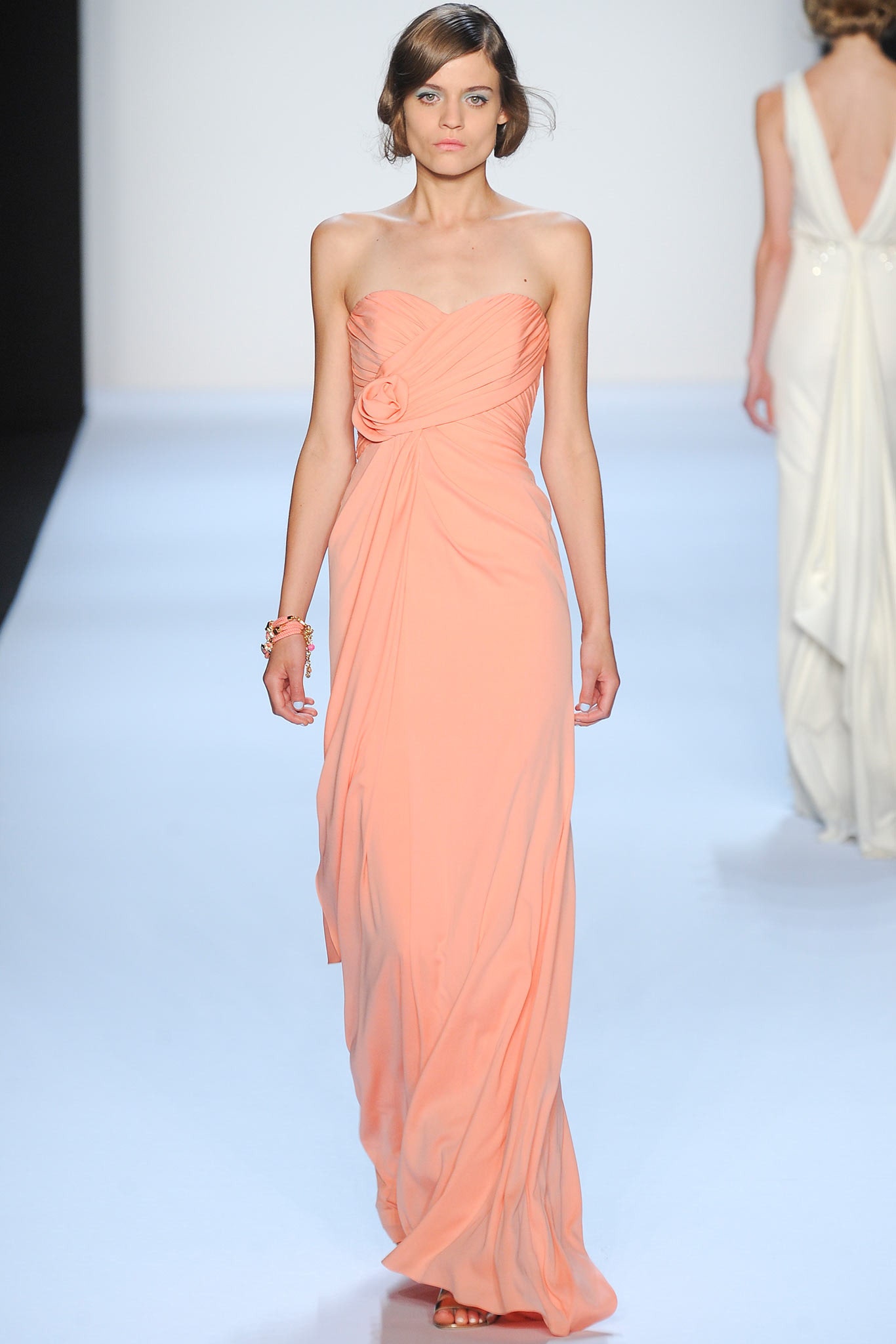 peach chiffon strapless gown
