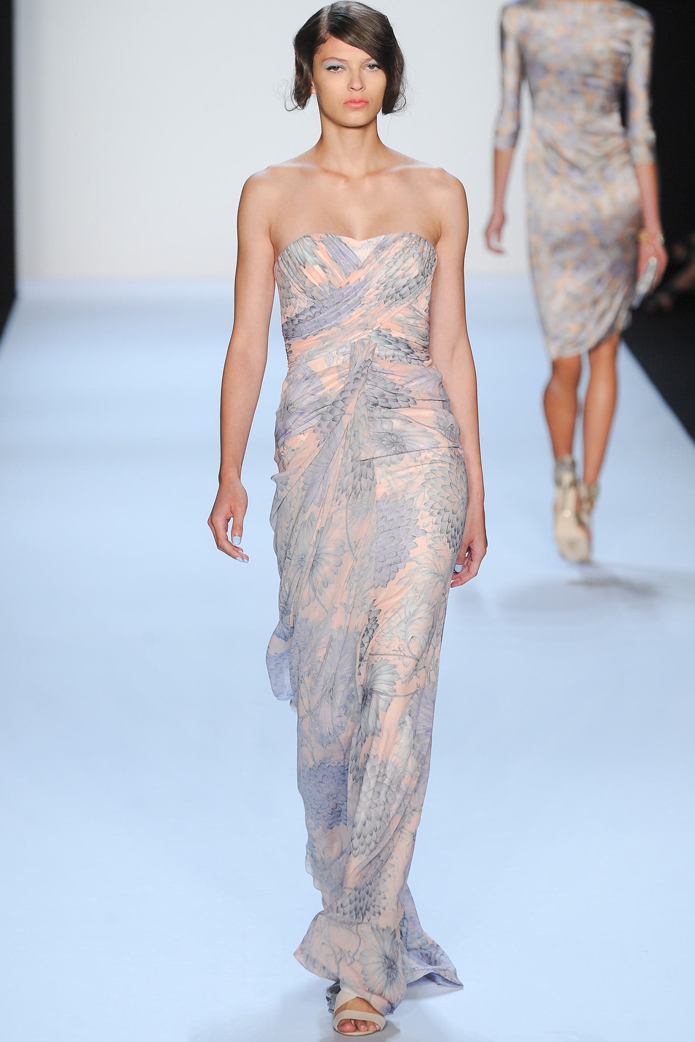 pink and blue silk strapless gown