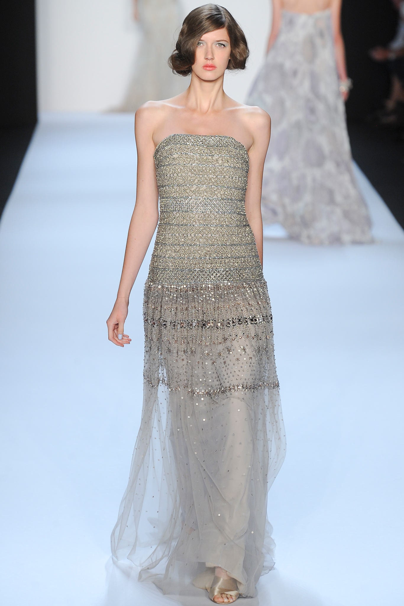silver beaded strapless gown