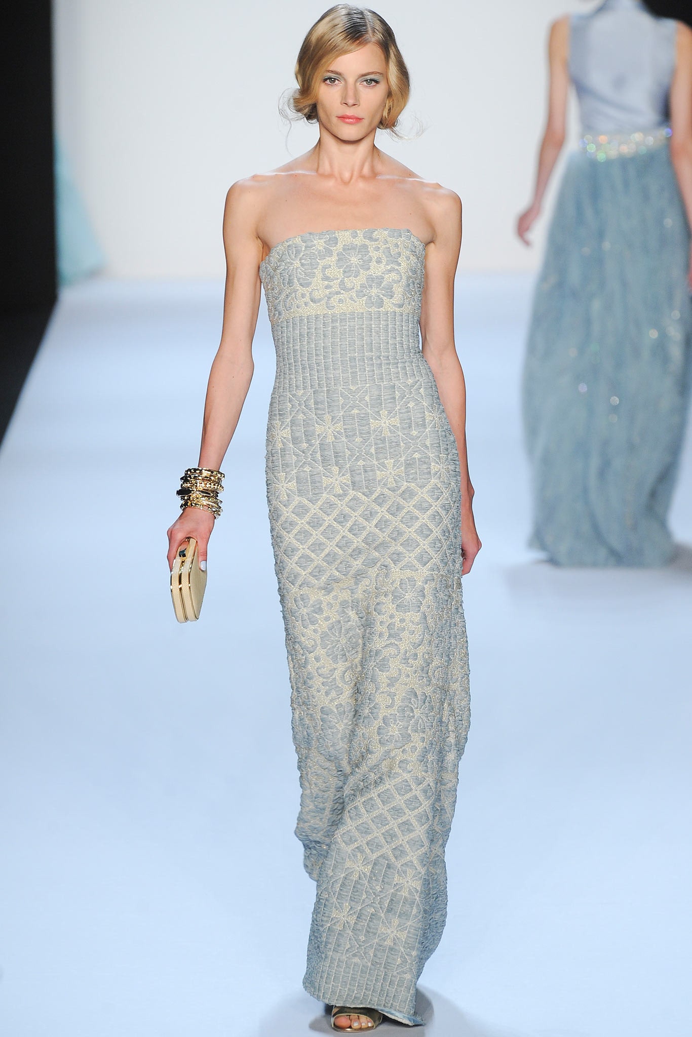 blue embroidered strapless gown