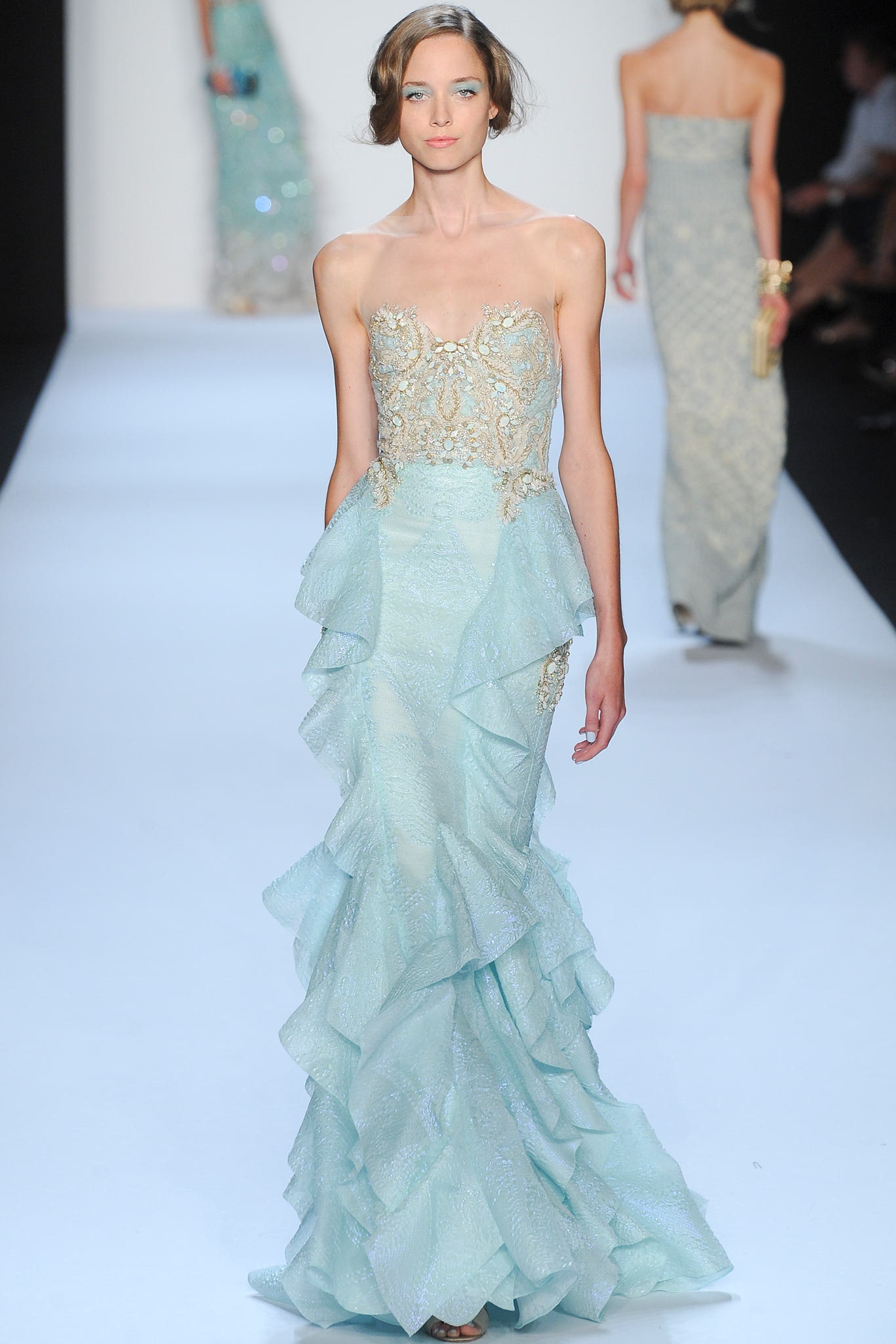 blue silk strapless gown