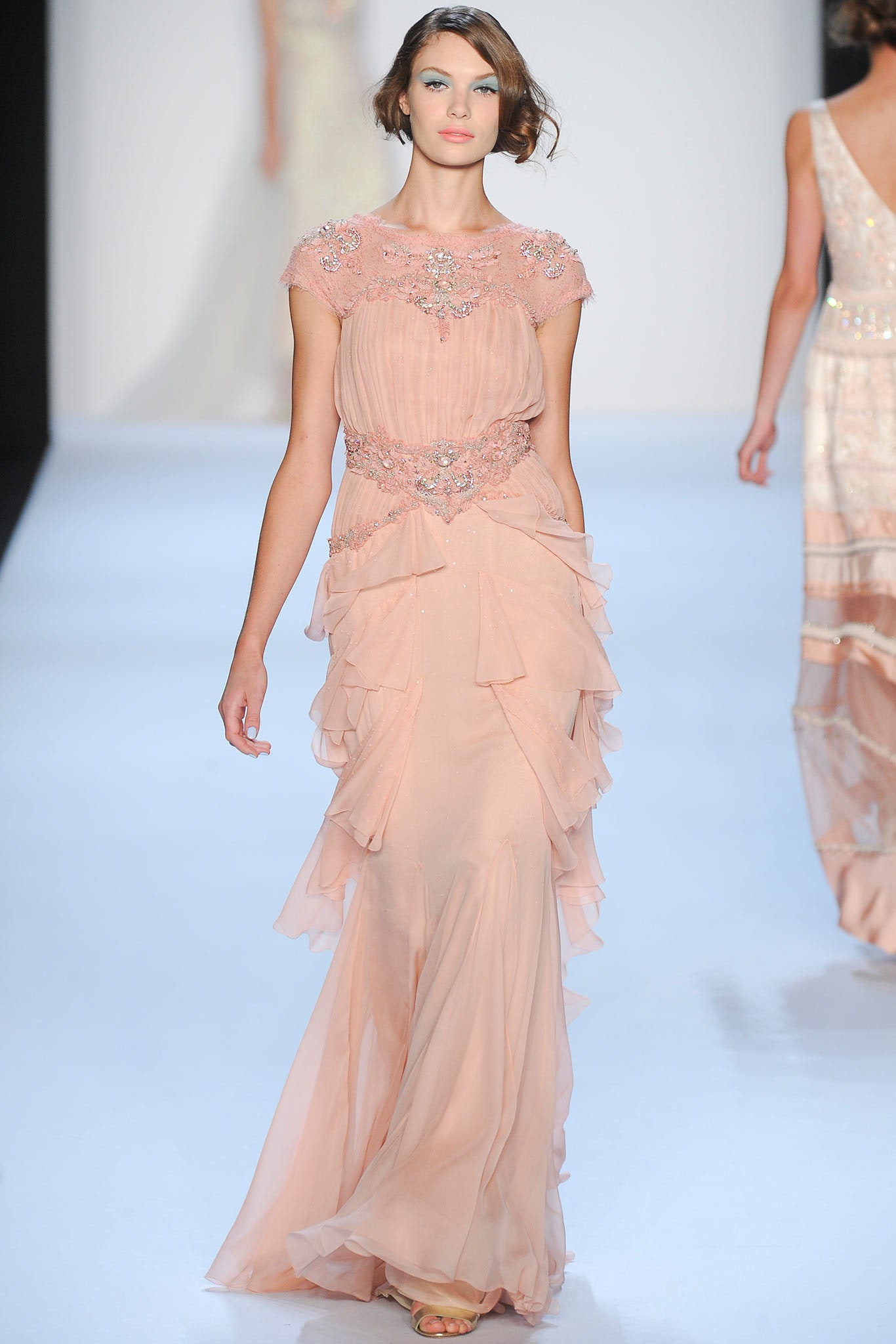 pink chiffon ruffled gown