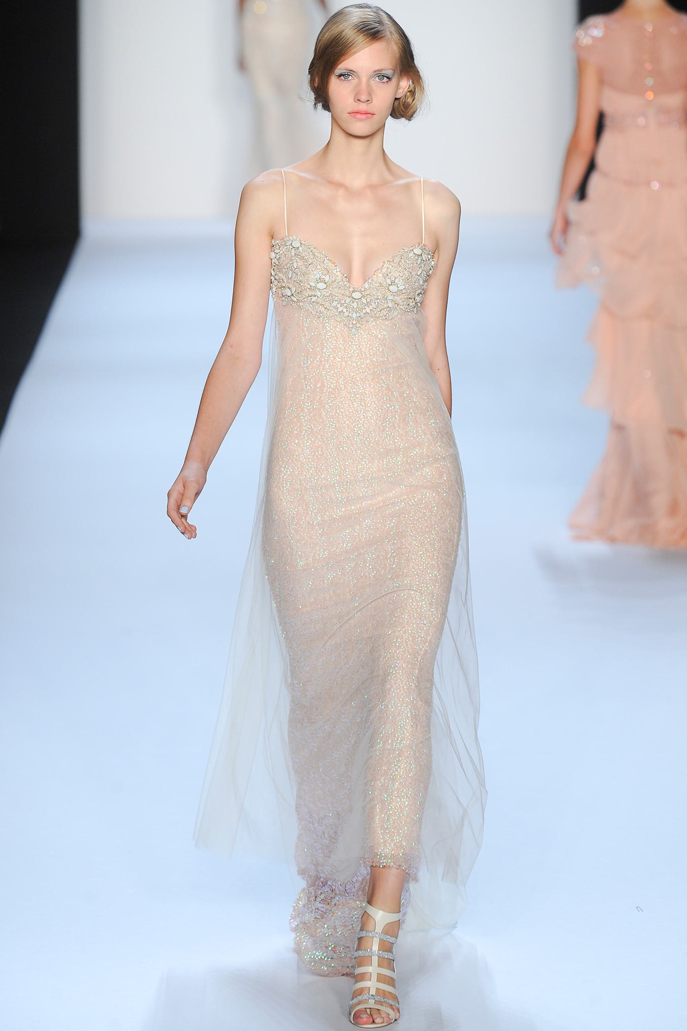 beige silk sleeveless gown