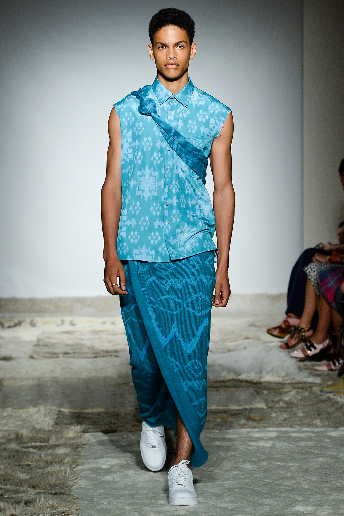 blue cotton asymmetric fitted draped skirt