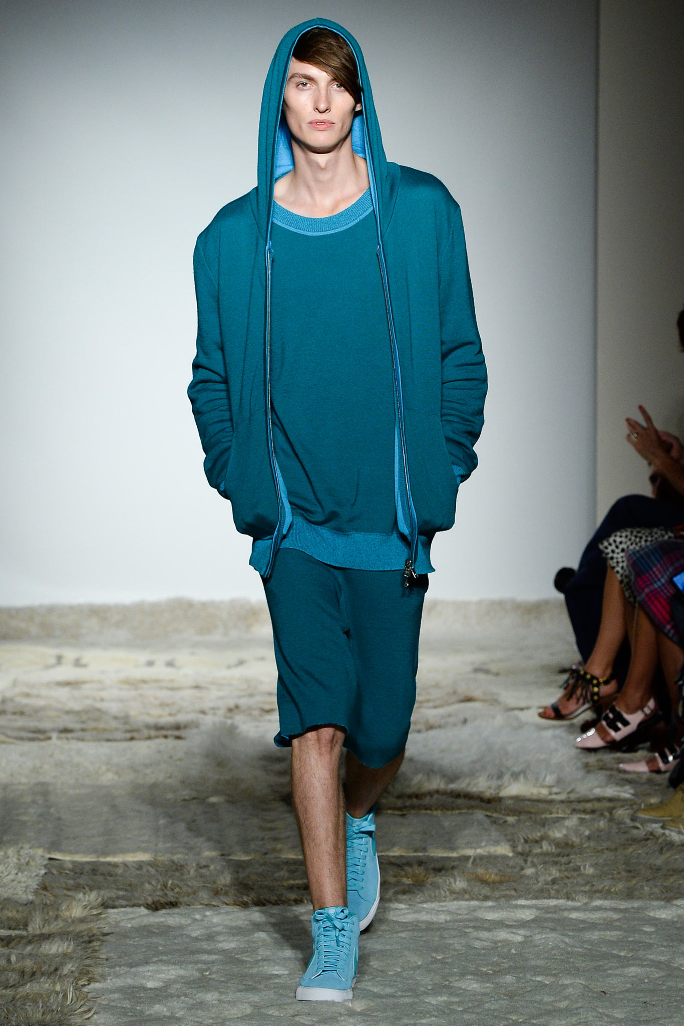 teal hoodie and shorts outfit