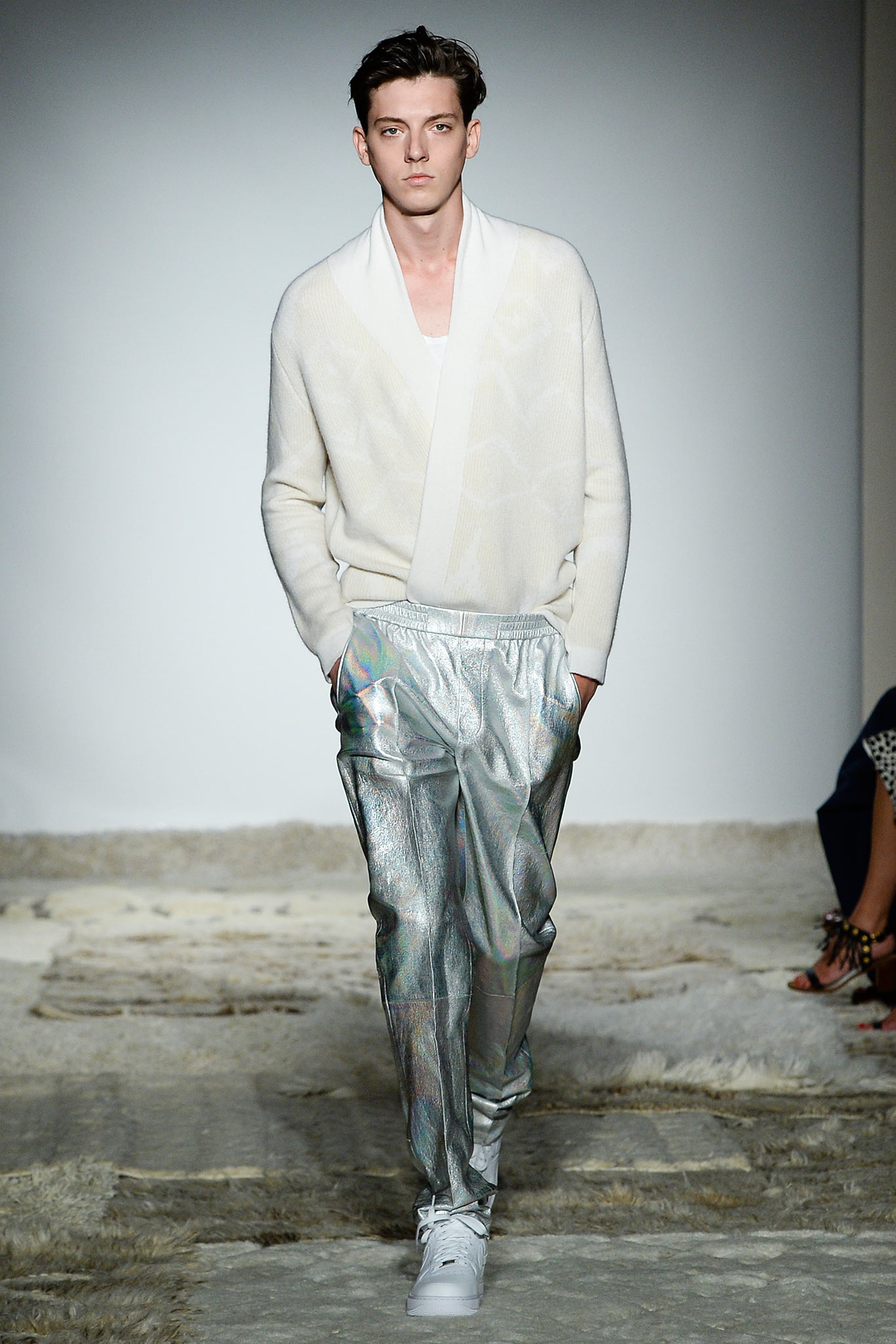 gray metallic fitted zippered shiny pants