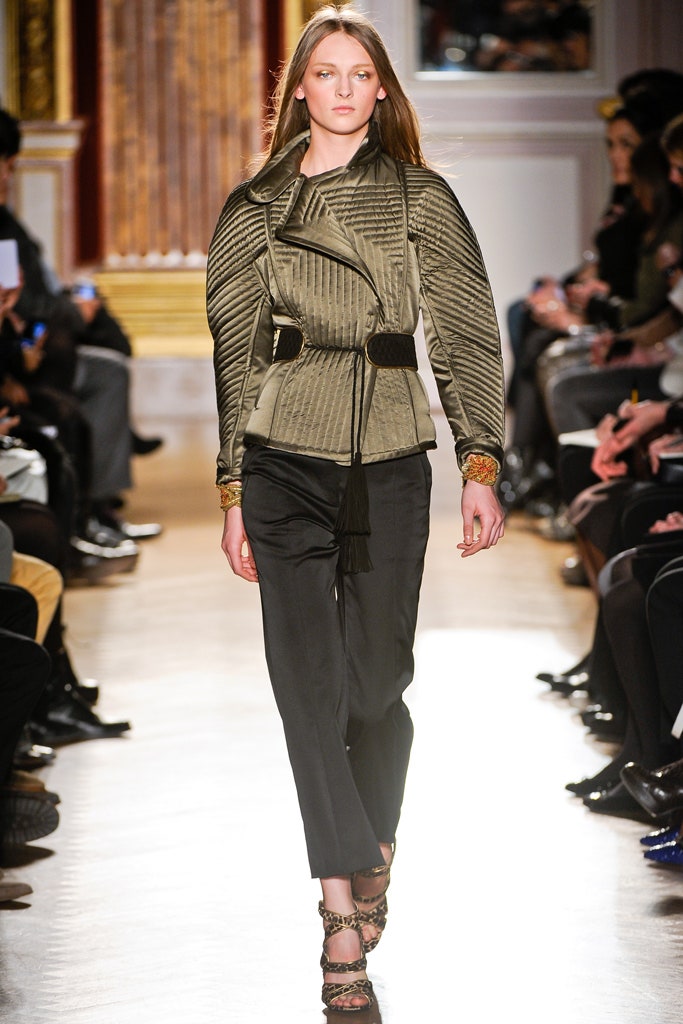 fitted green pleated jacket with tailored pants