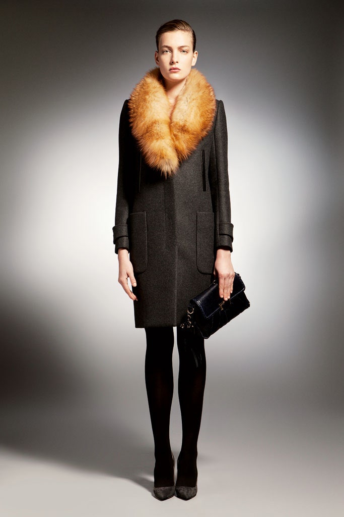 gray wool coat with fur scarf