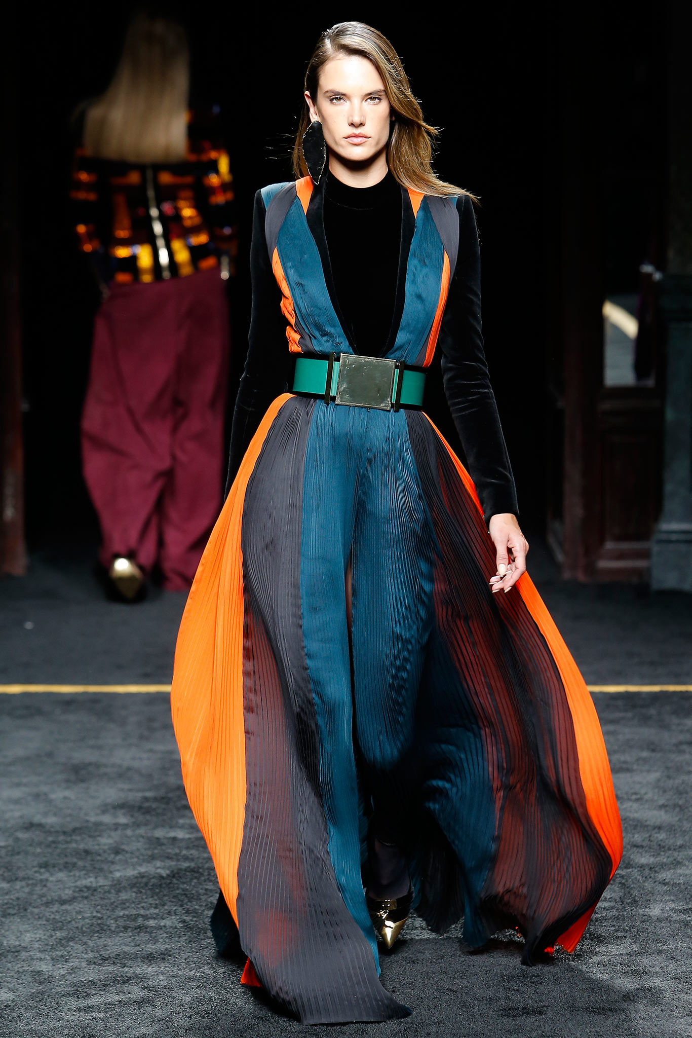 blue and orange pleated gown