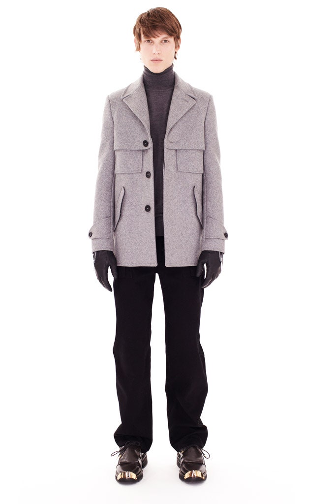 gray wool jacket with black turtleneck