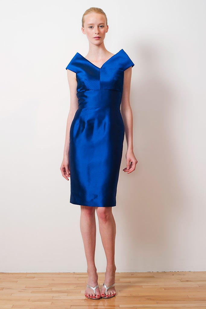 fitted blue silk midi dress