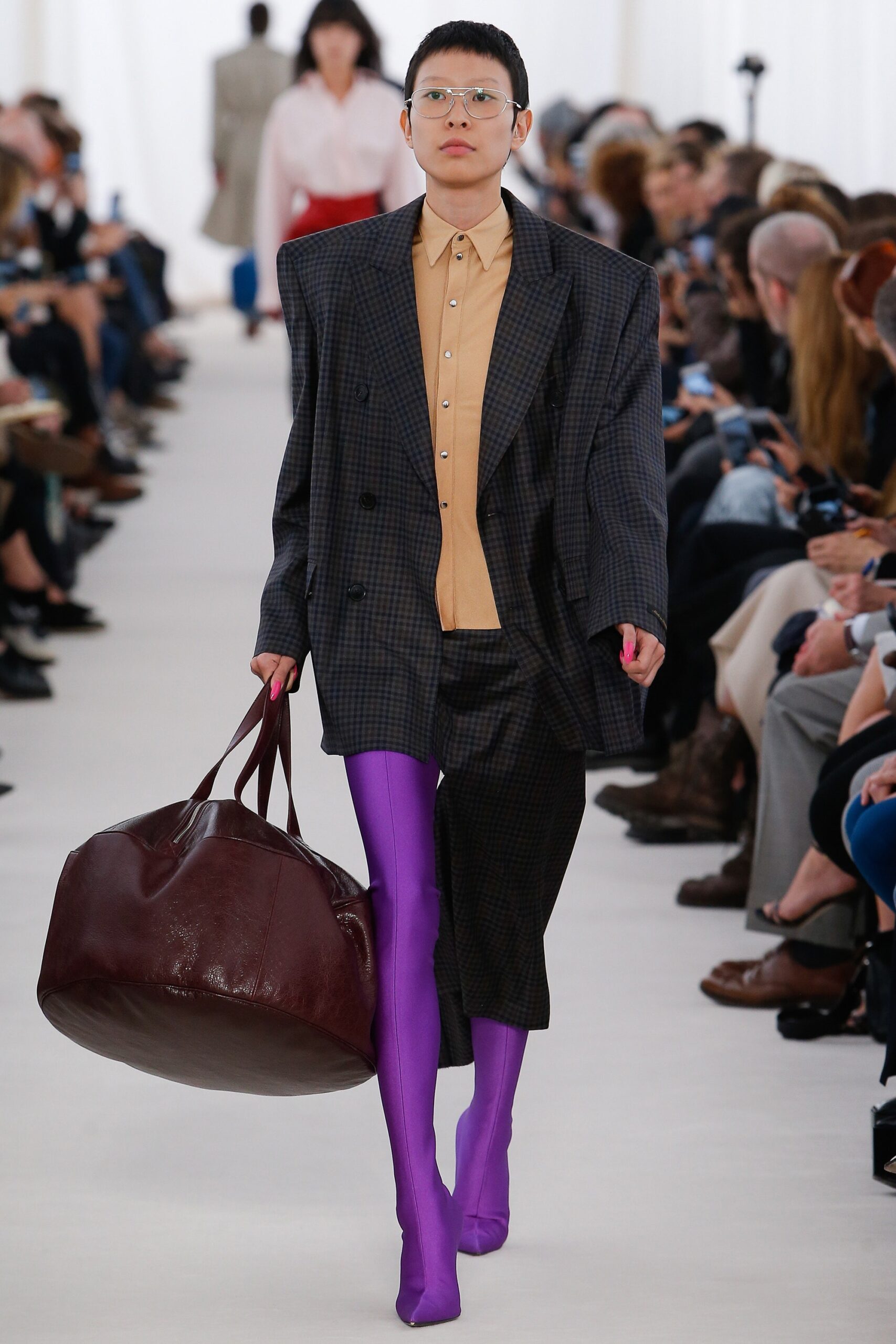 oversized gray blazer with purple boots