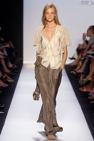 beige silk blouse and brown pants