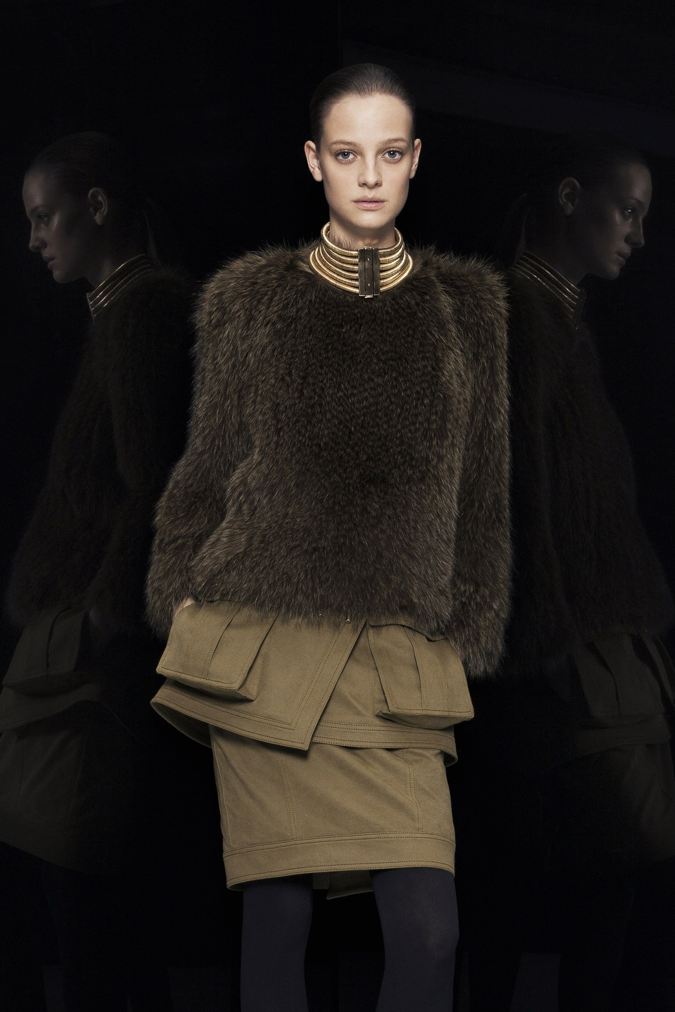 brown fur long-sleeve collared relaxed layered top