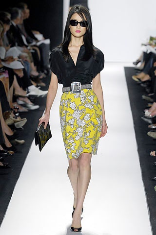 black blouse yellow pencil skirt