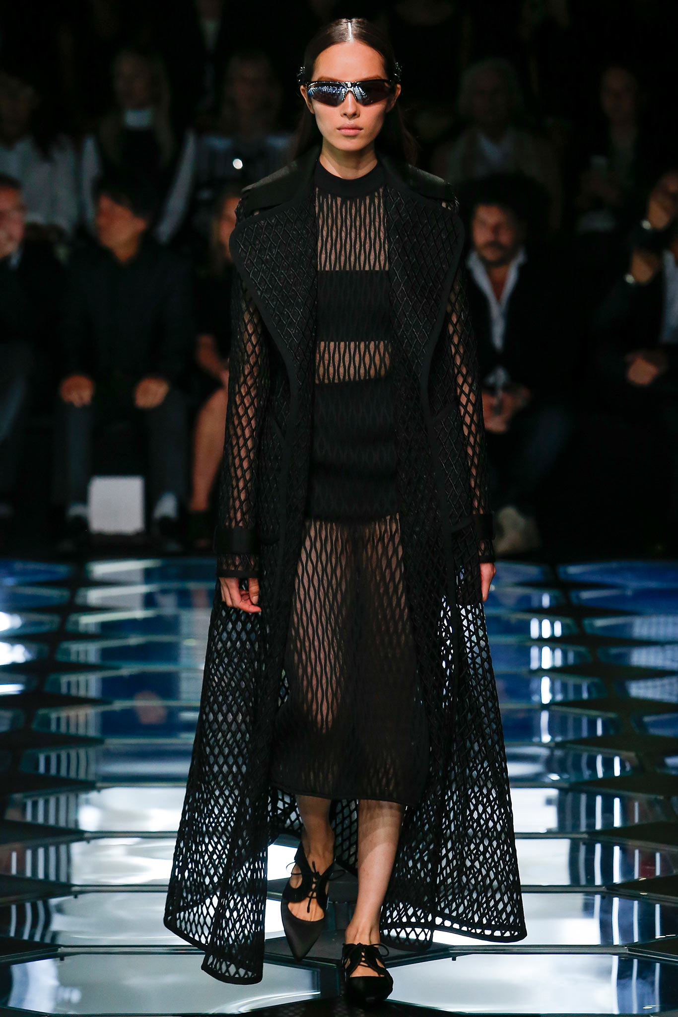 black mesh midi dress and coat